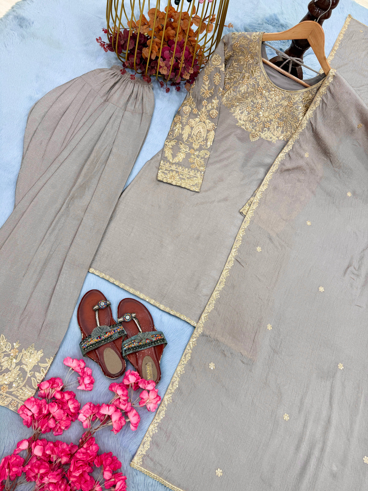 Taupe Chinon Silk Kurta Farshi Palazzo Set, view 7
