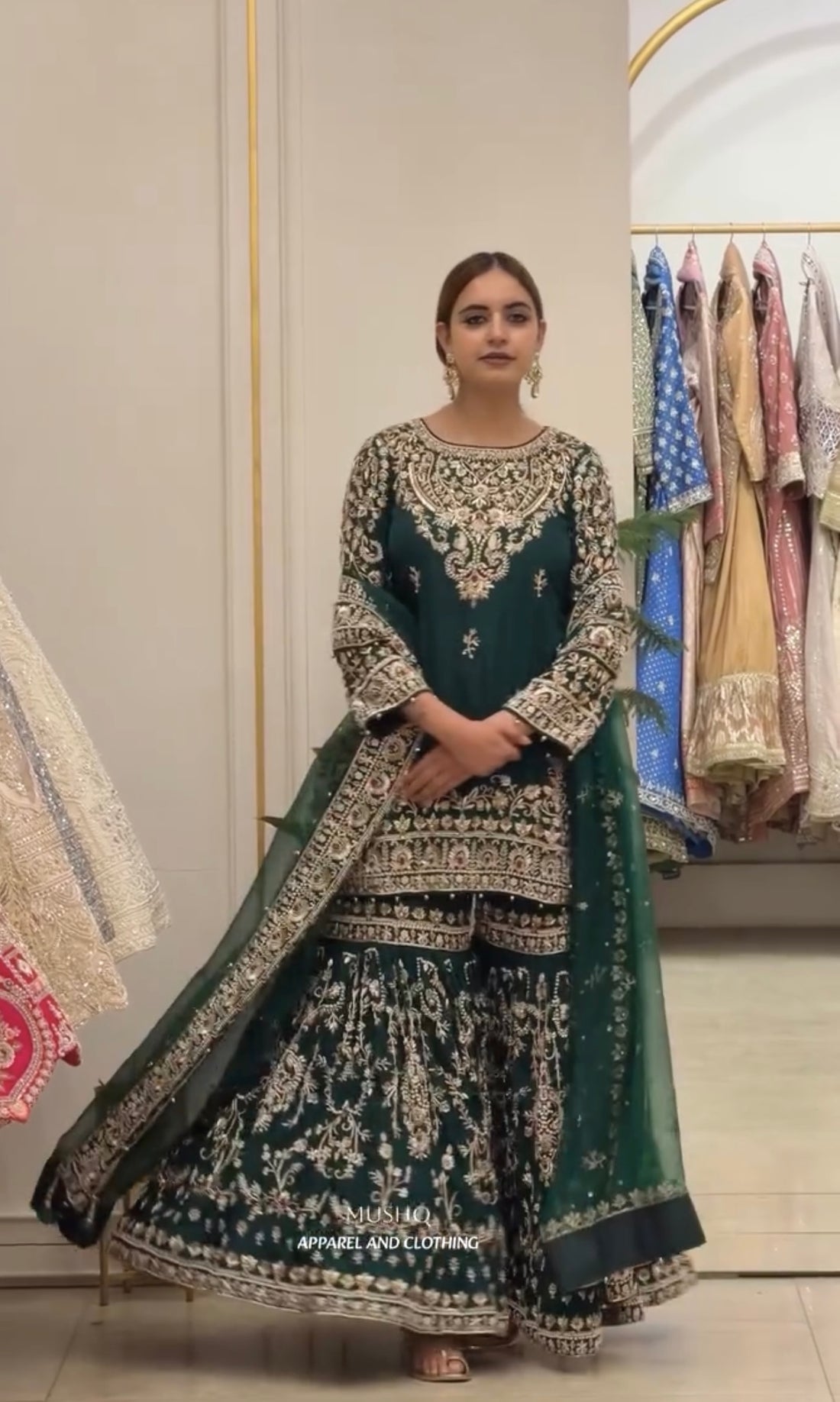 Bottle Green Georgette Heavy Work Palazzo Set