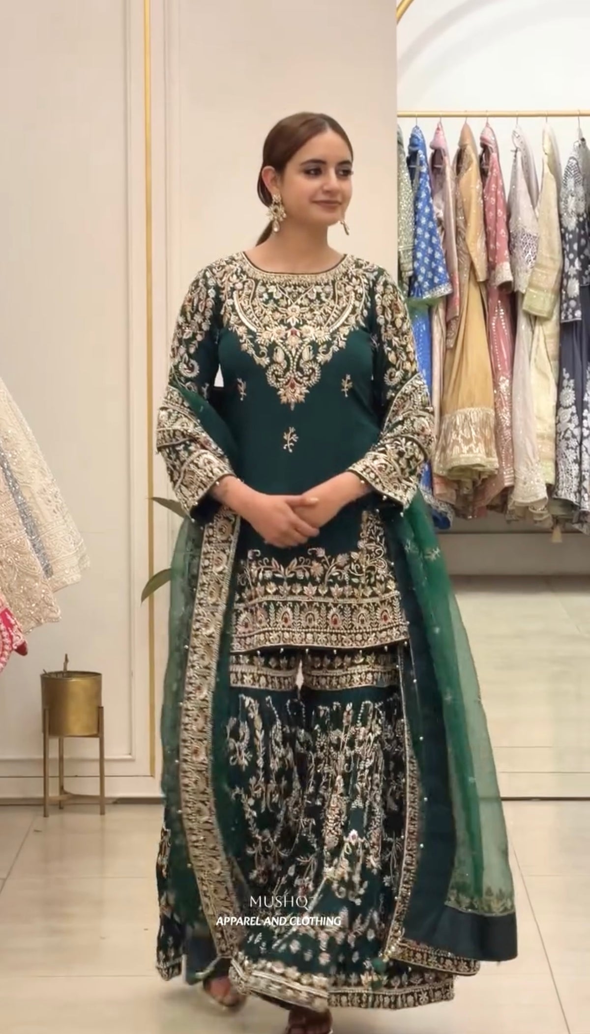 Bottle Green Georgette Heavy Work Palazzo Set, view 3
