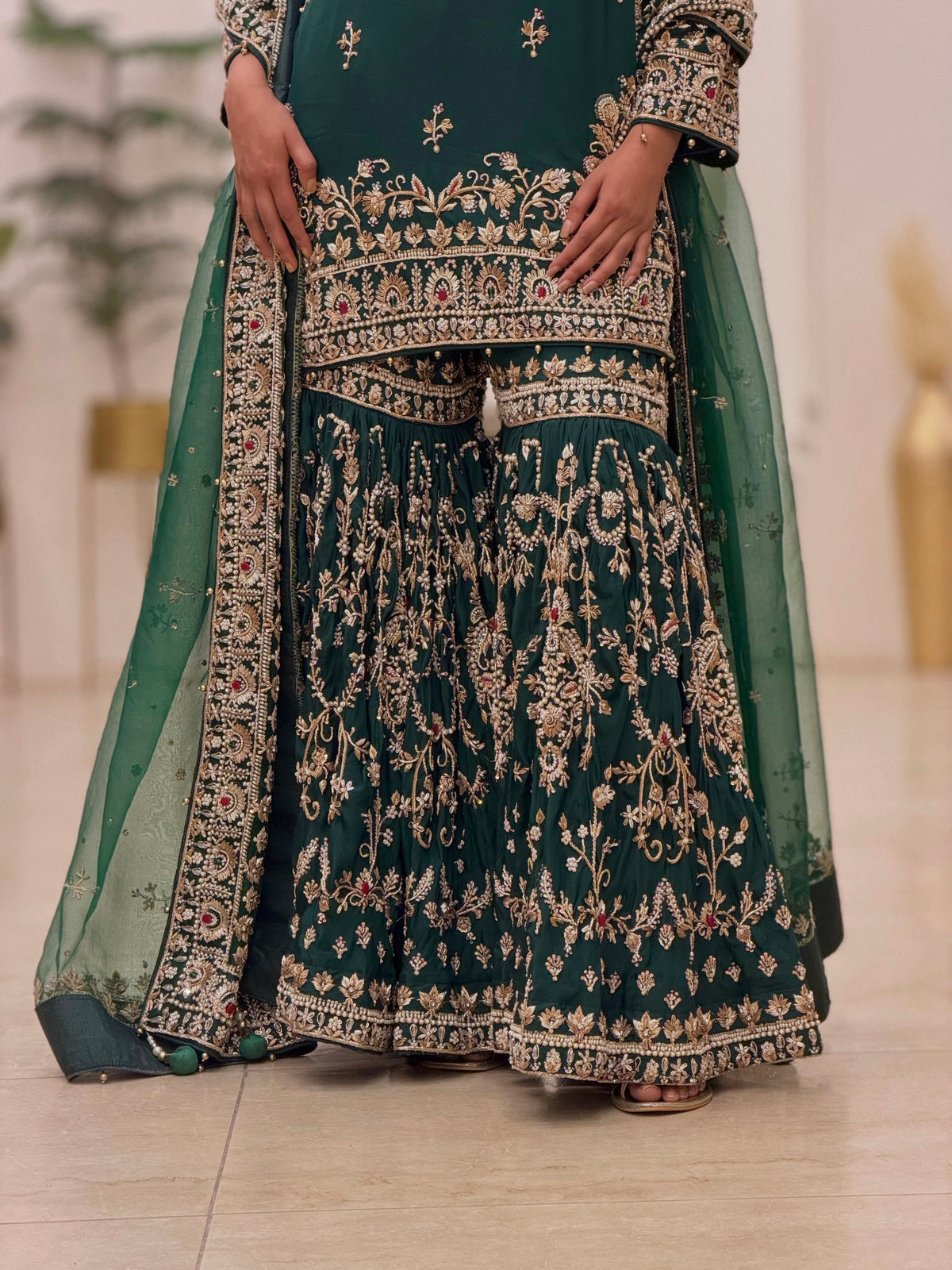 Bottle Green Georgette Heavy Work Palazzo Set, view 4