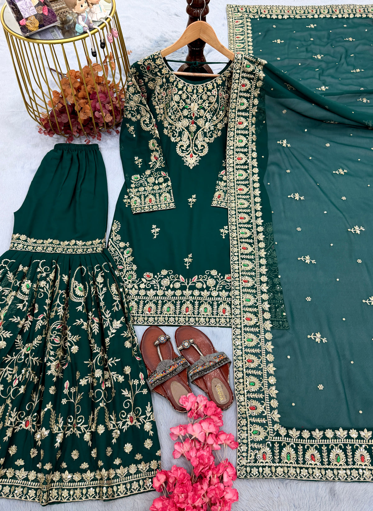 Bottle Green Georgette Heavy Work Palazzo Set, view 5