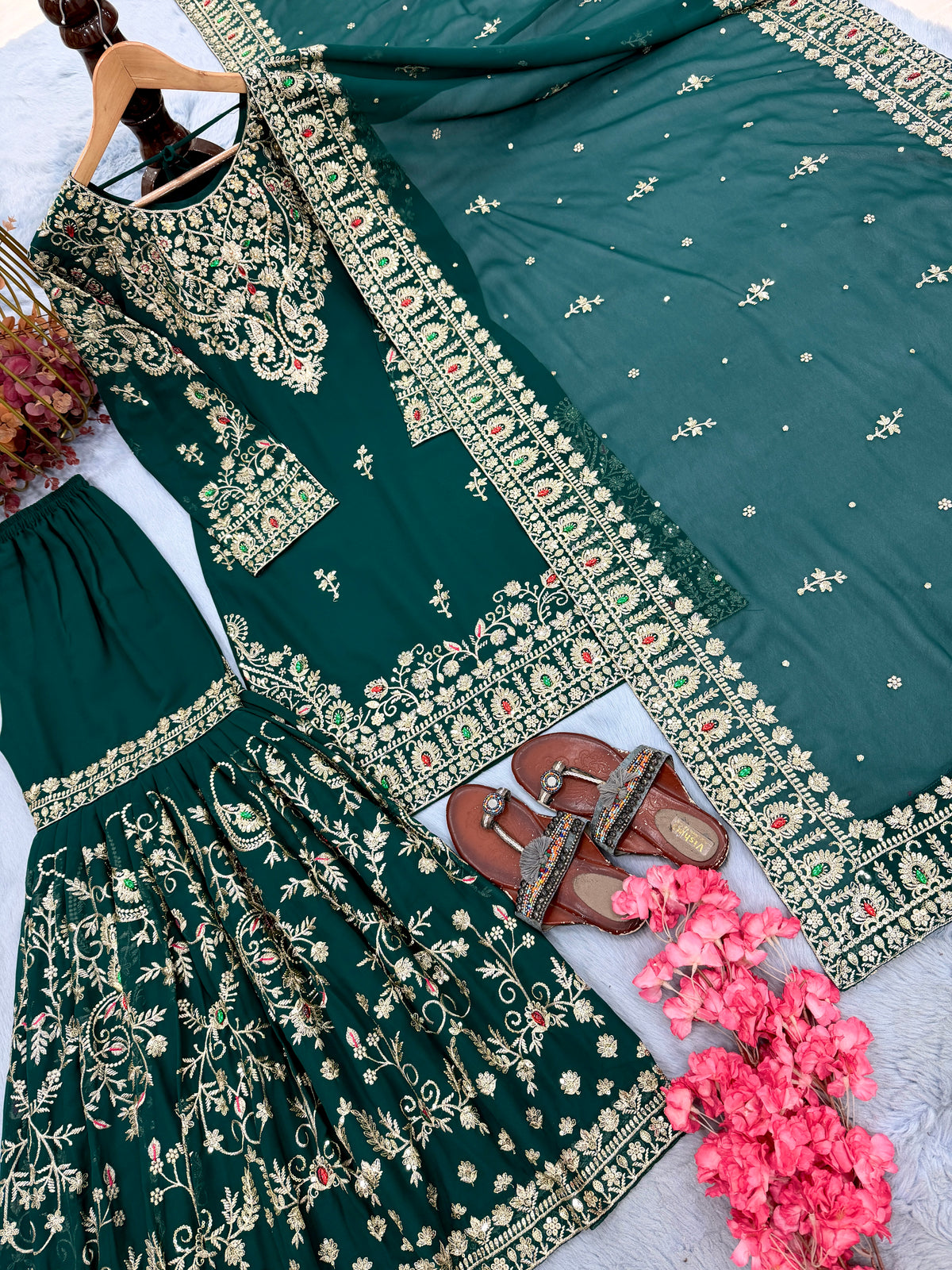Bottle Green Georgette Heavy Work Palazzo Set, view 6