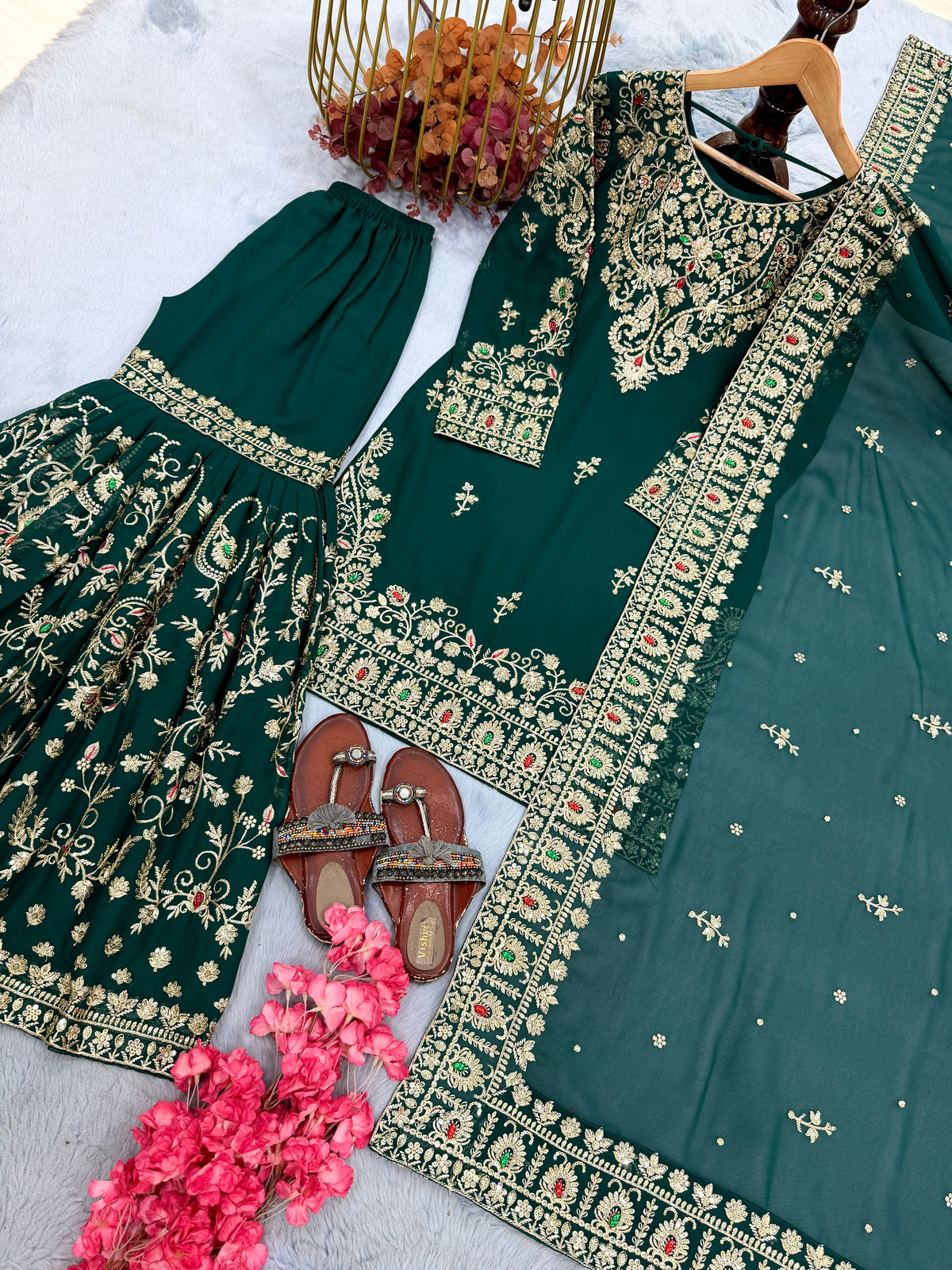 Bottle Green Georgette Heavy Work Palazzo Set, view 7