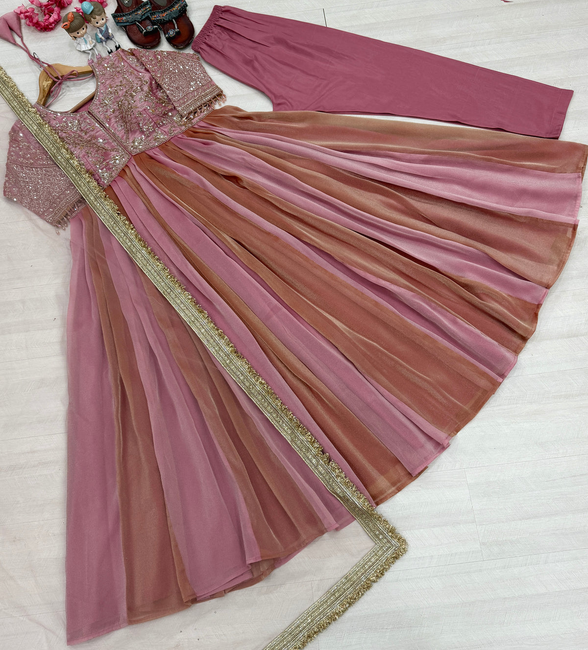 Rose Pink Moss Silk Anarkali Suit, view 5
