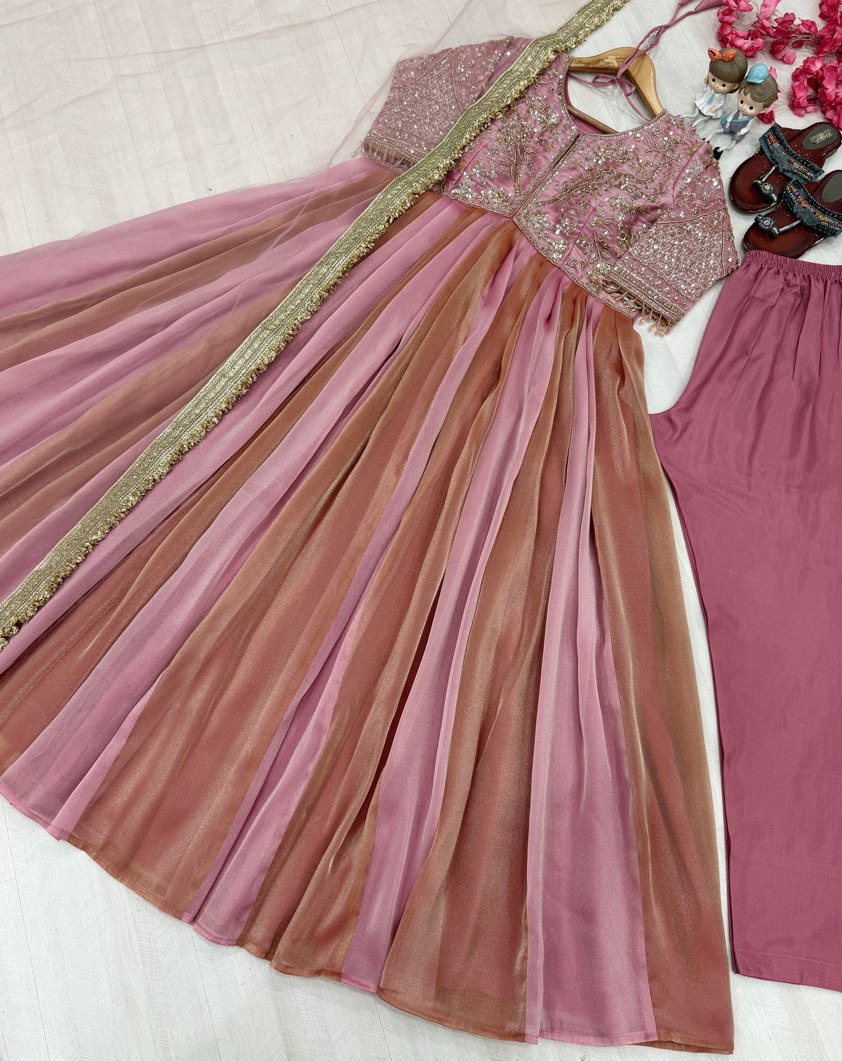 Rose Pink Moss Silk Anarkali Suit, view 7