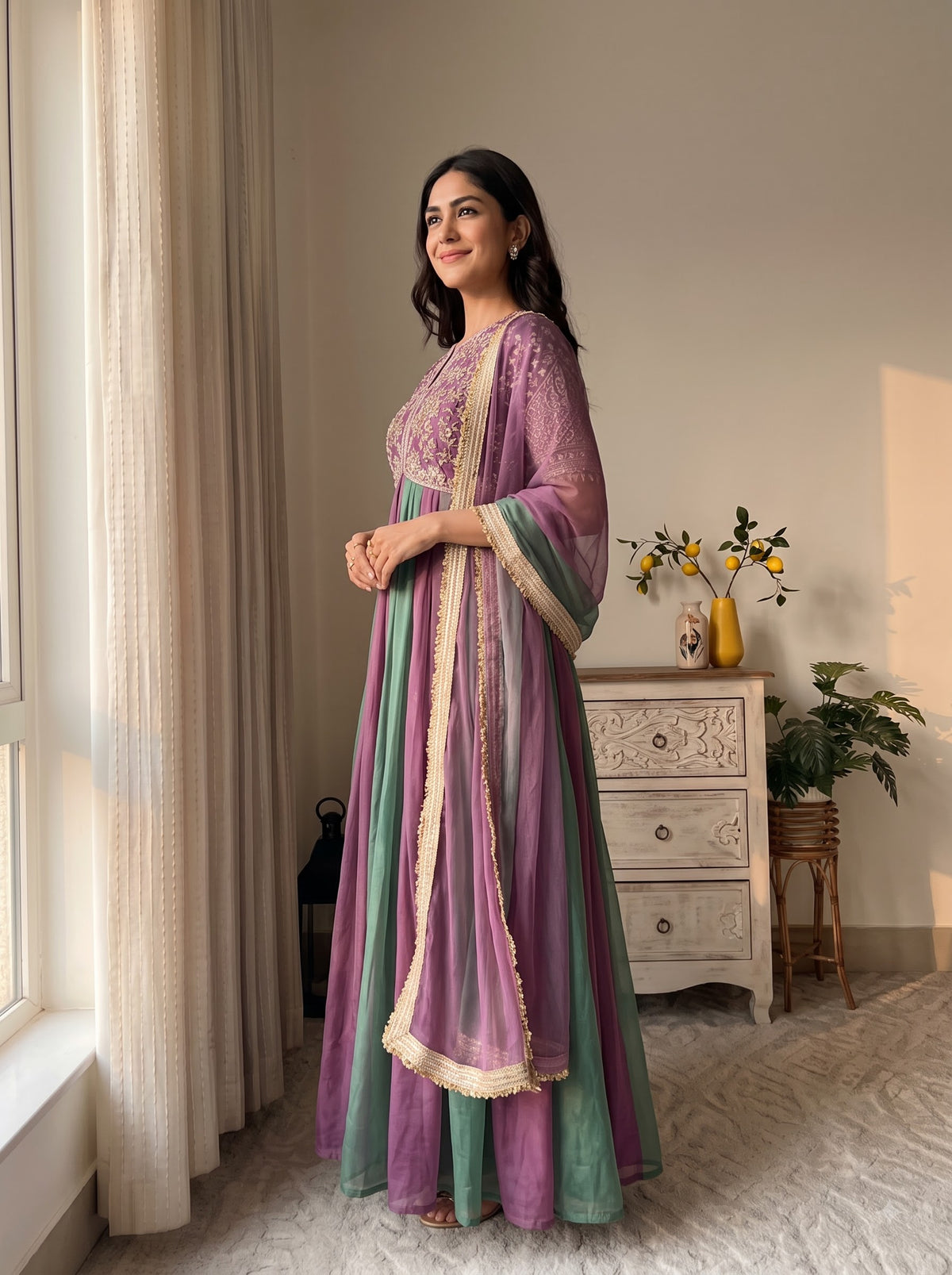 Lavender and Green Moss Silk Anarkali Suit, view 2