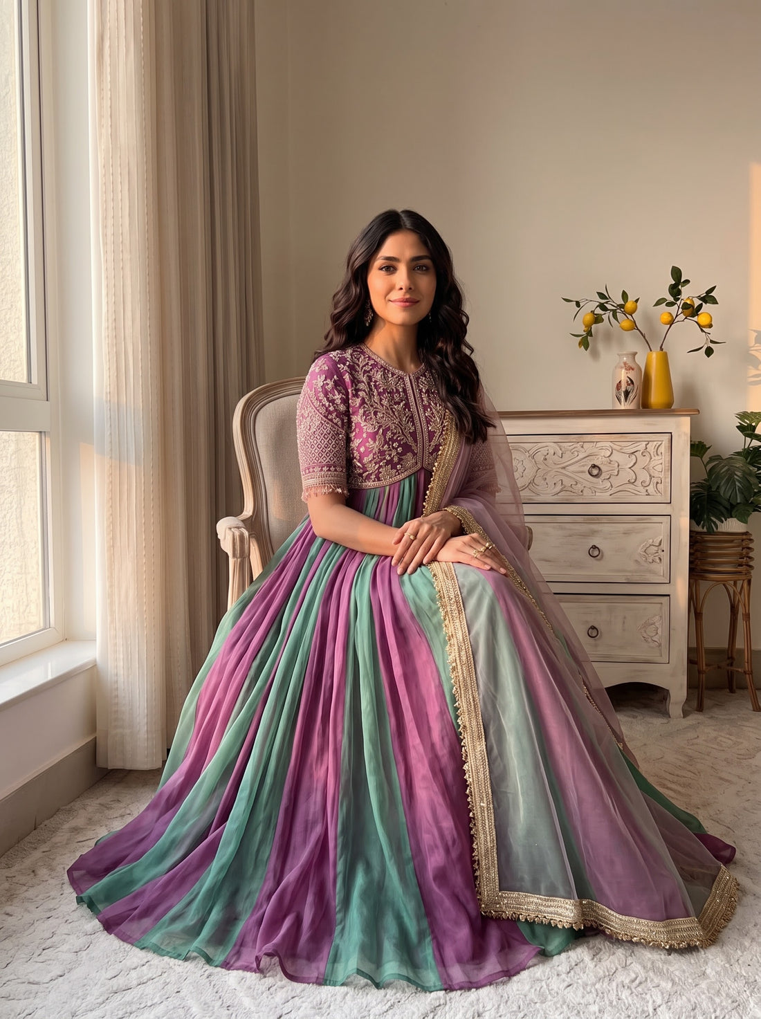 Lavender and Green Moss Silk Anarkali Suit