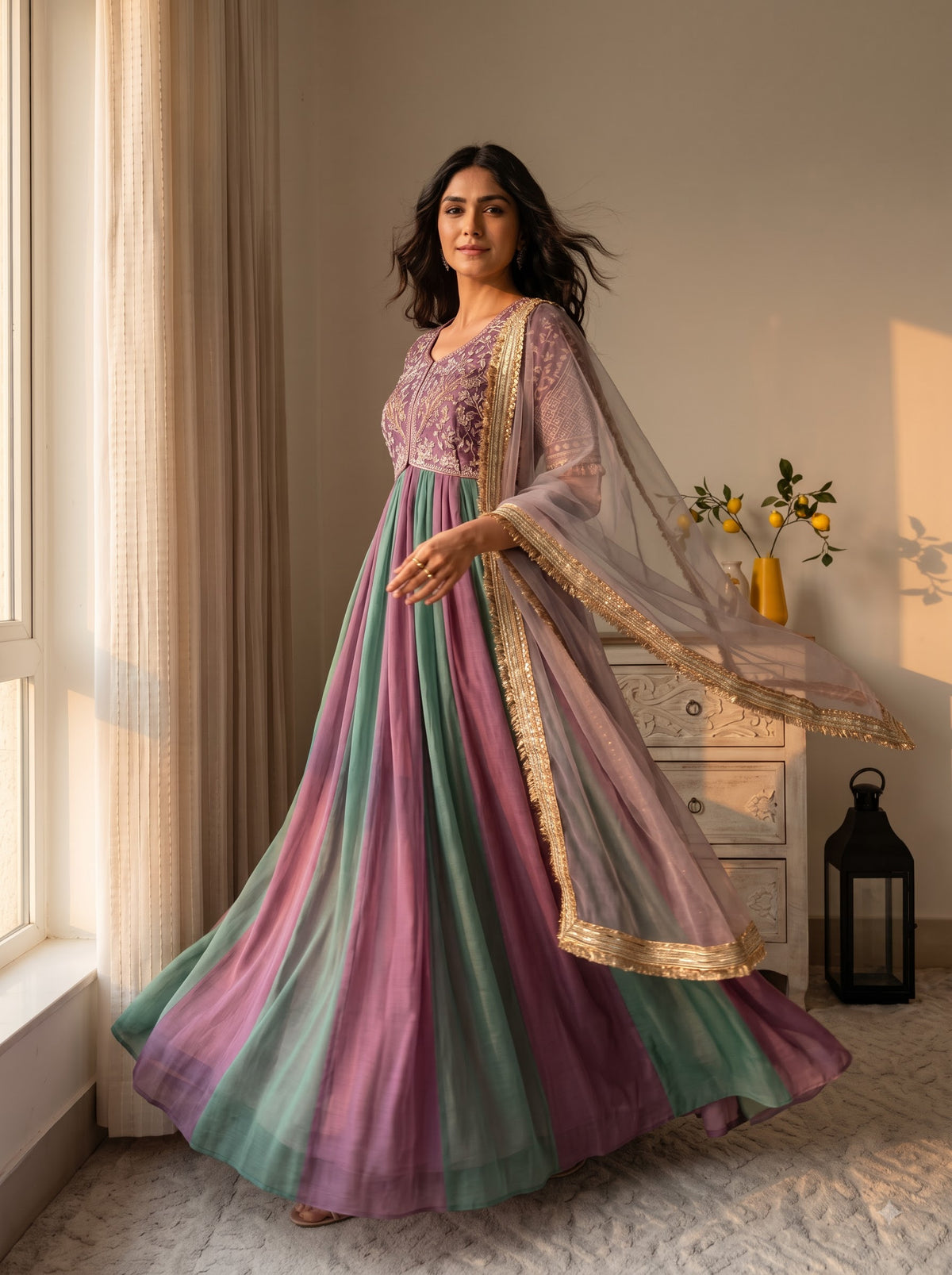 Lavender and Green Moss Silk Anarkali Suit, view 3