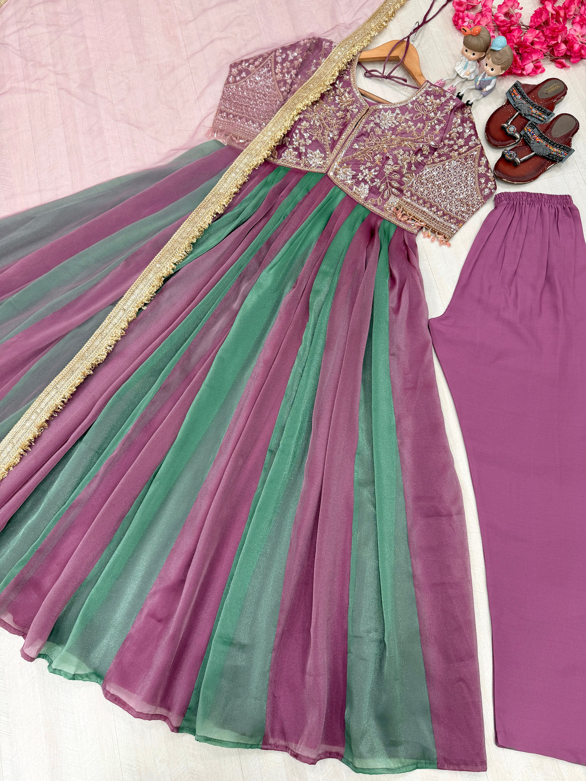 Lavender and Green Moss Silk Anarkali Suit, view 4