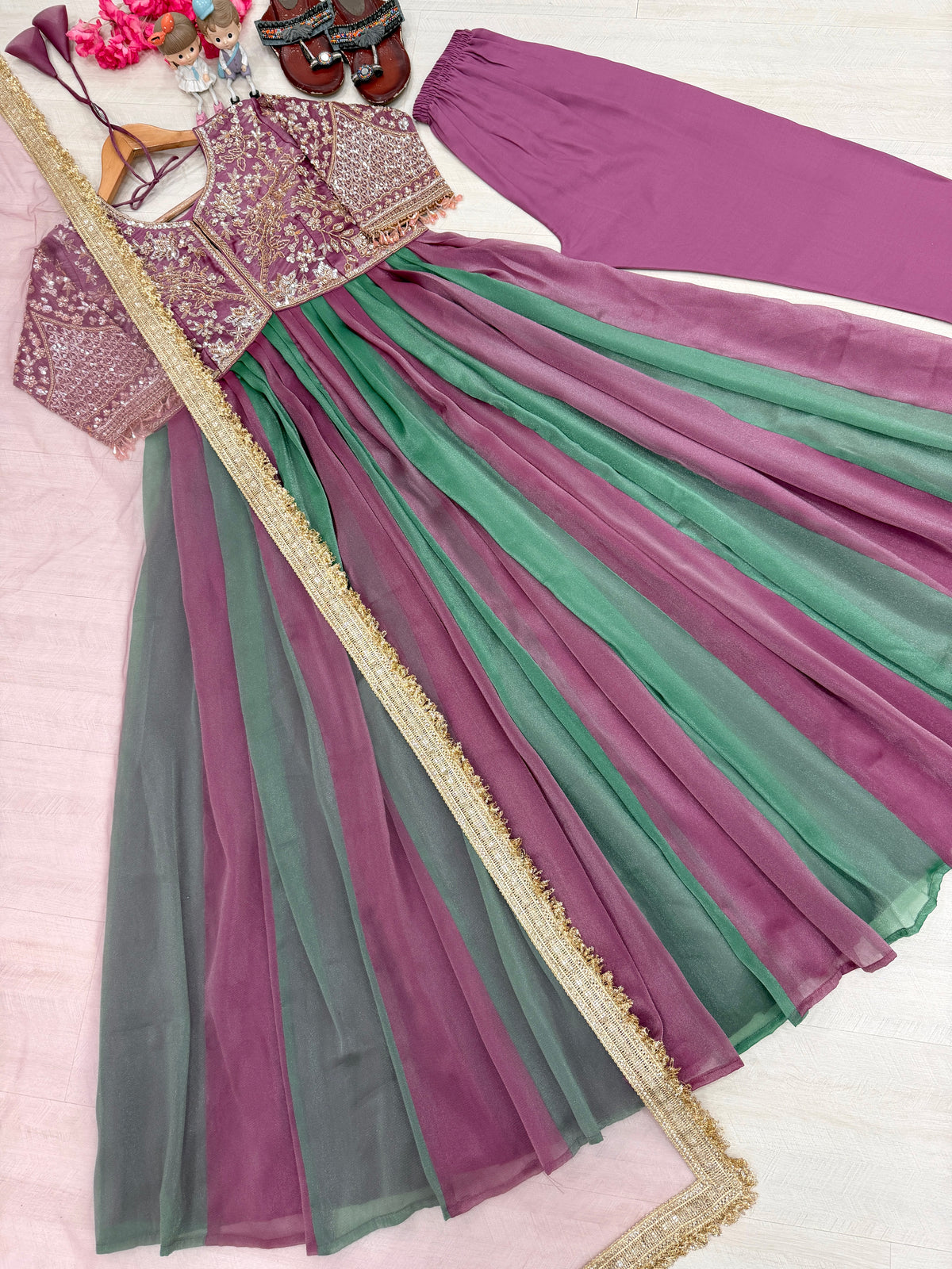 Lavender and Green Moss Silk Anarkali Suit, view 5