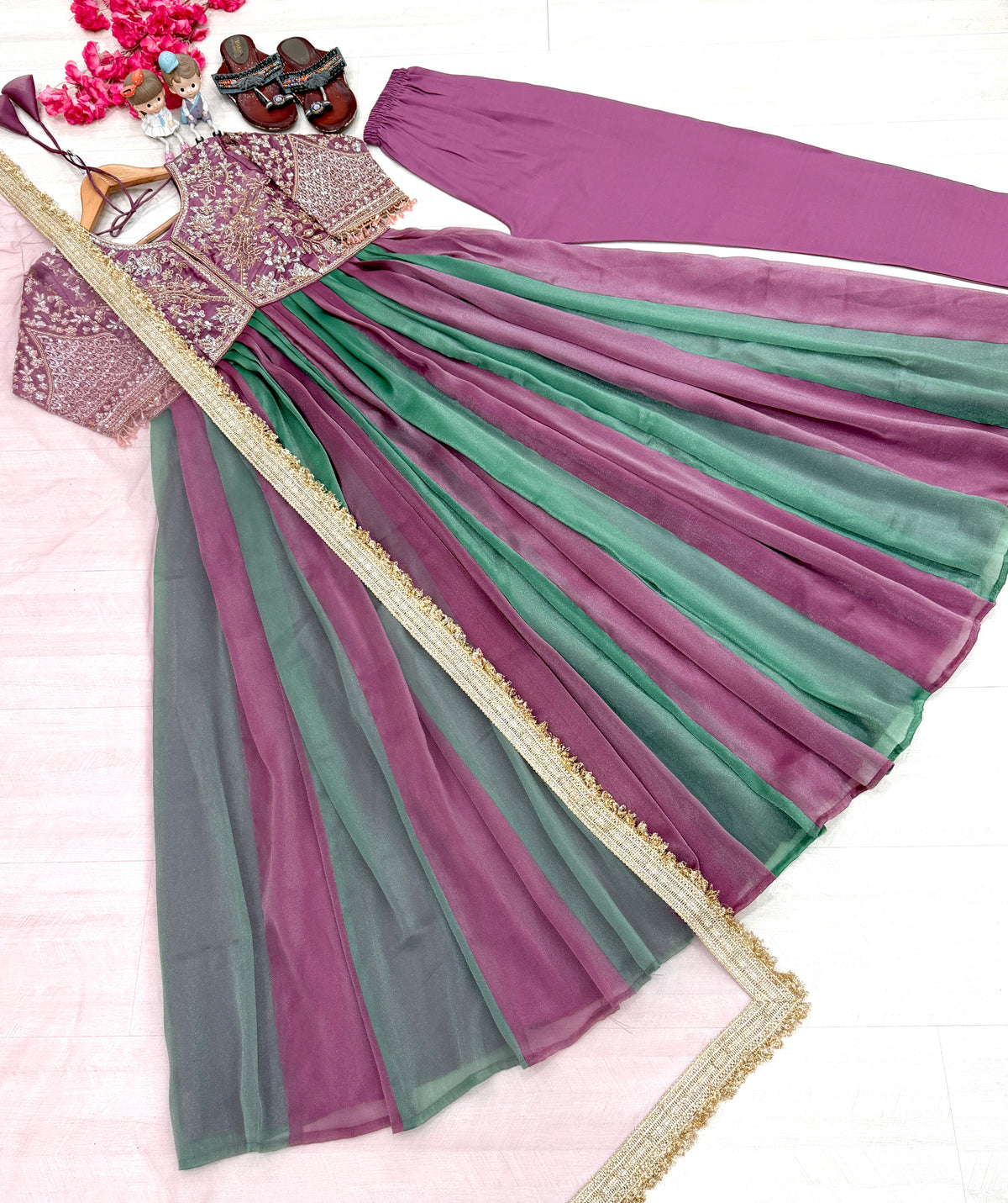 Lavender and Green Moss Silk Anarkali Suit, view 6