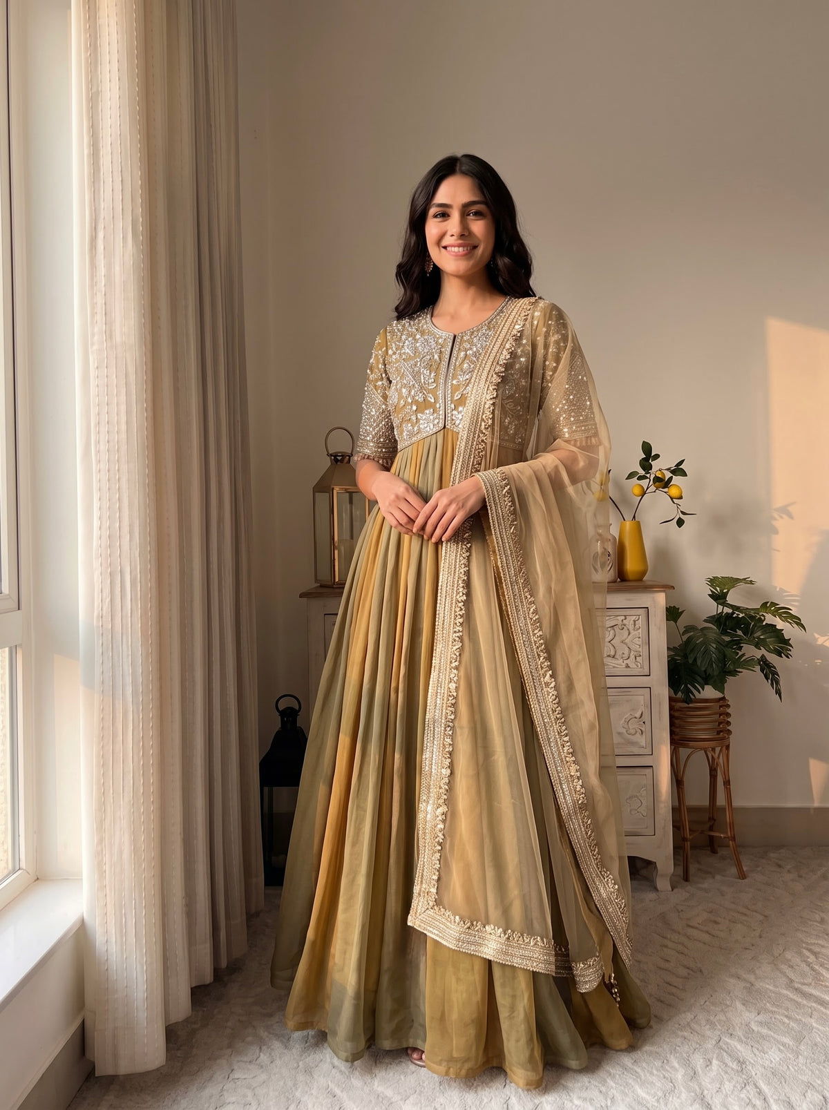 Olive Moss Silk Anarkali Suit