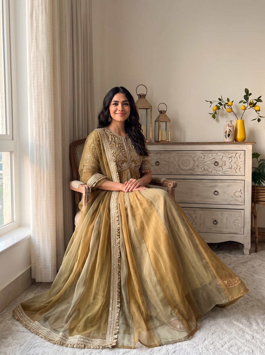 Olive Moss Silk Anarkali Suit