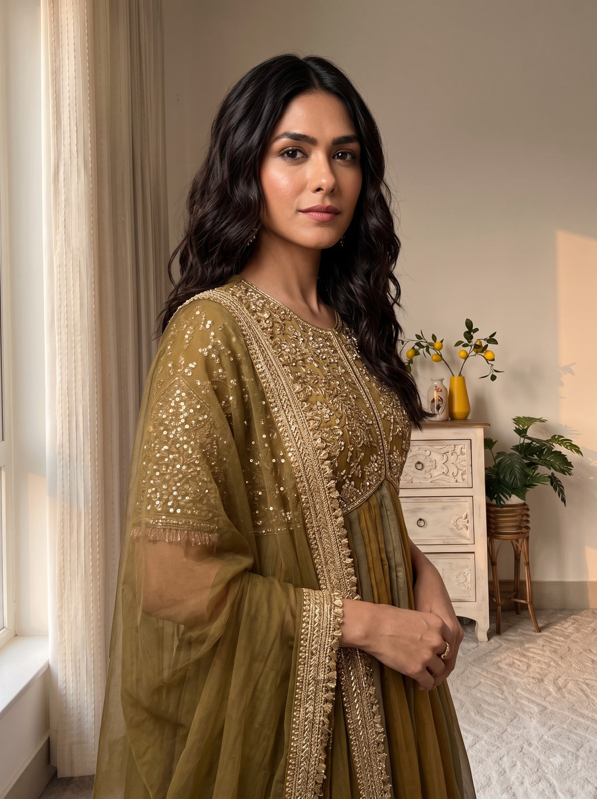 Olive Moss Silk Anarkali Suit, view 3