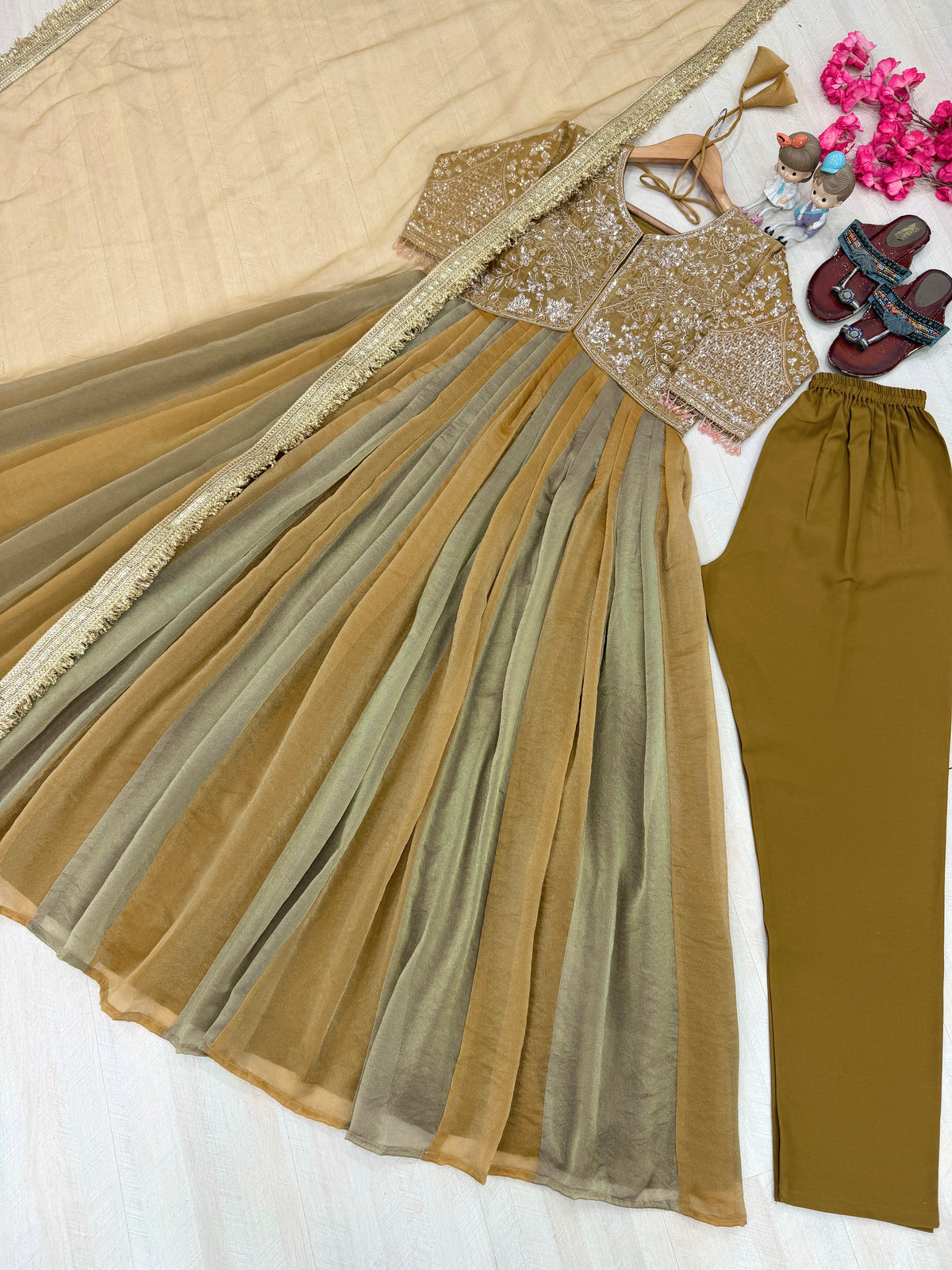 Olive Moss Silk Anarkali Suit, view 4