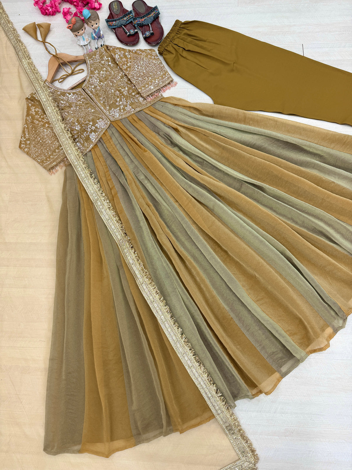Olive Moss Silk Anarkali Suit, view 5
