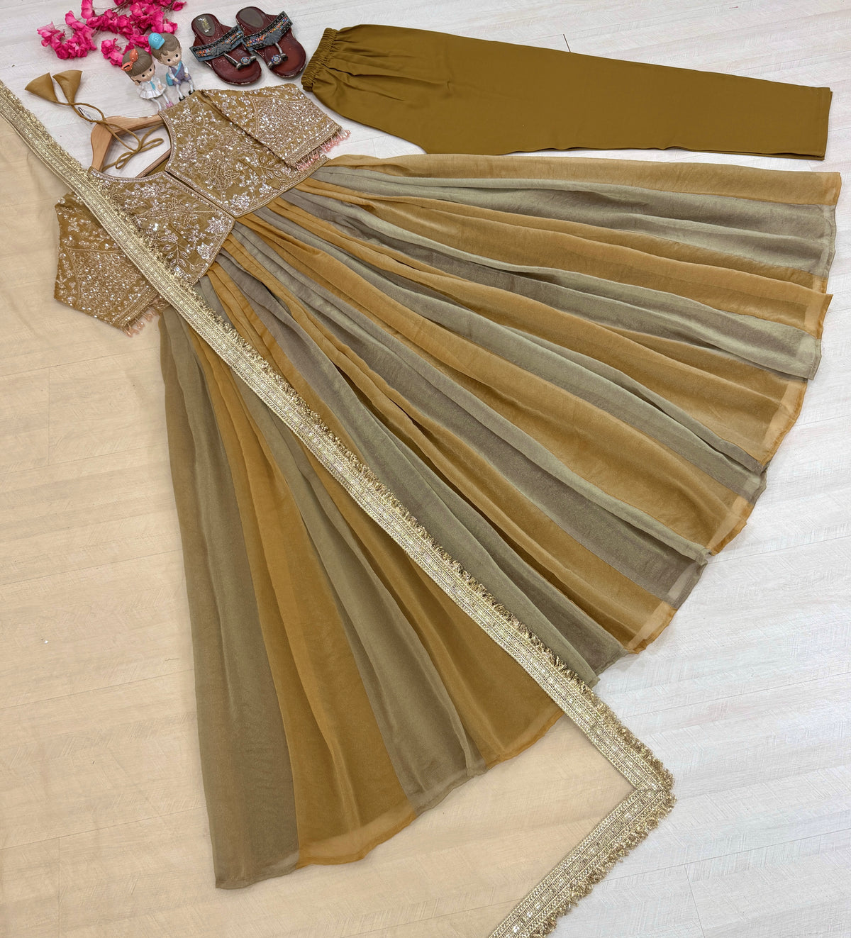Olive Moss Silk Anarkali Suit, view 6