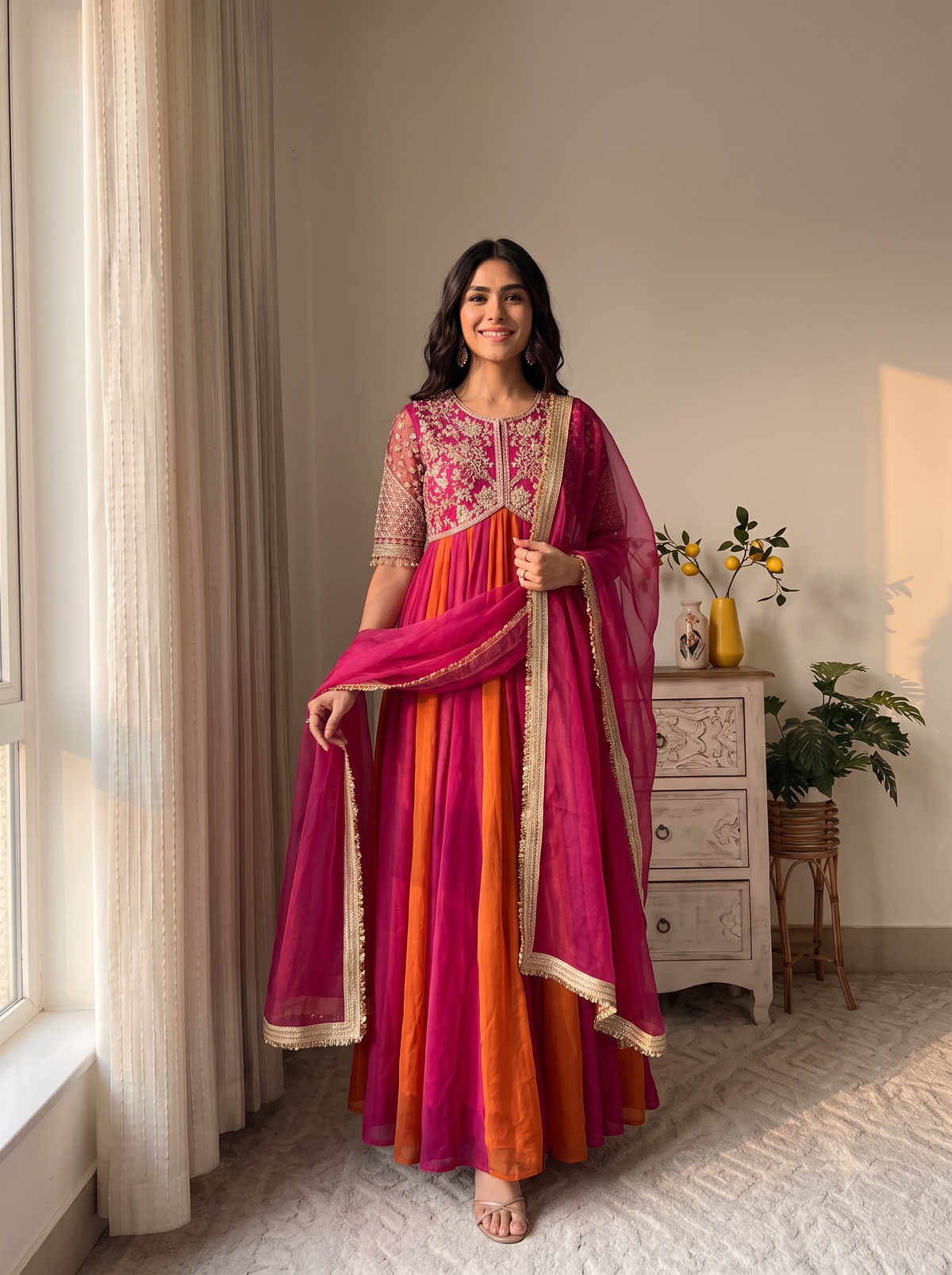 Rani Pink and Orange Moss Silk Anarkali Suit, view 2