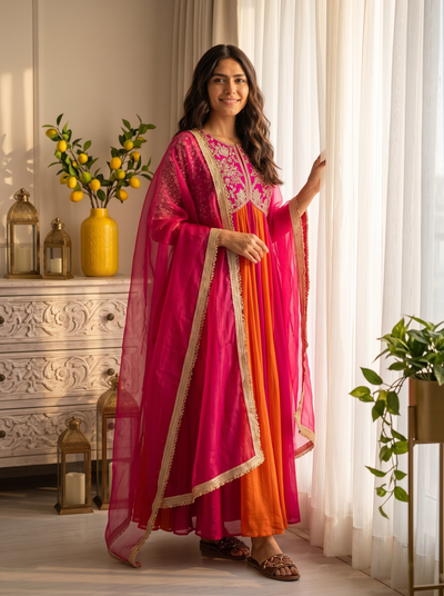 Rani Pink and Orange Moss Silk Anarkali Suit