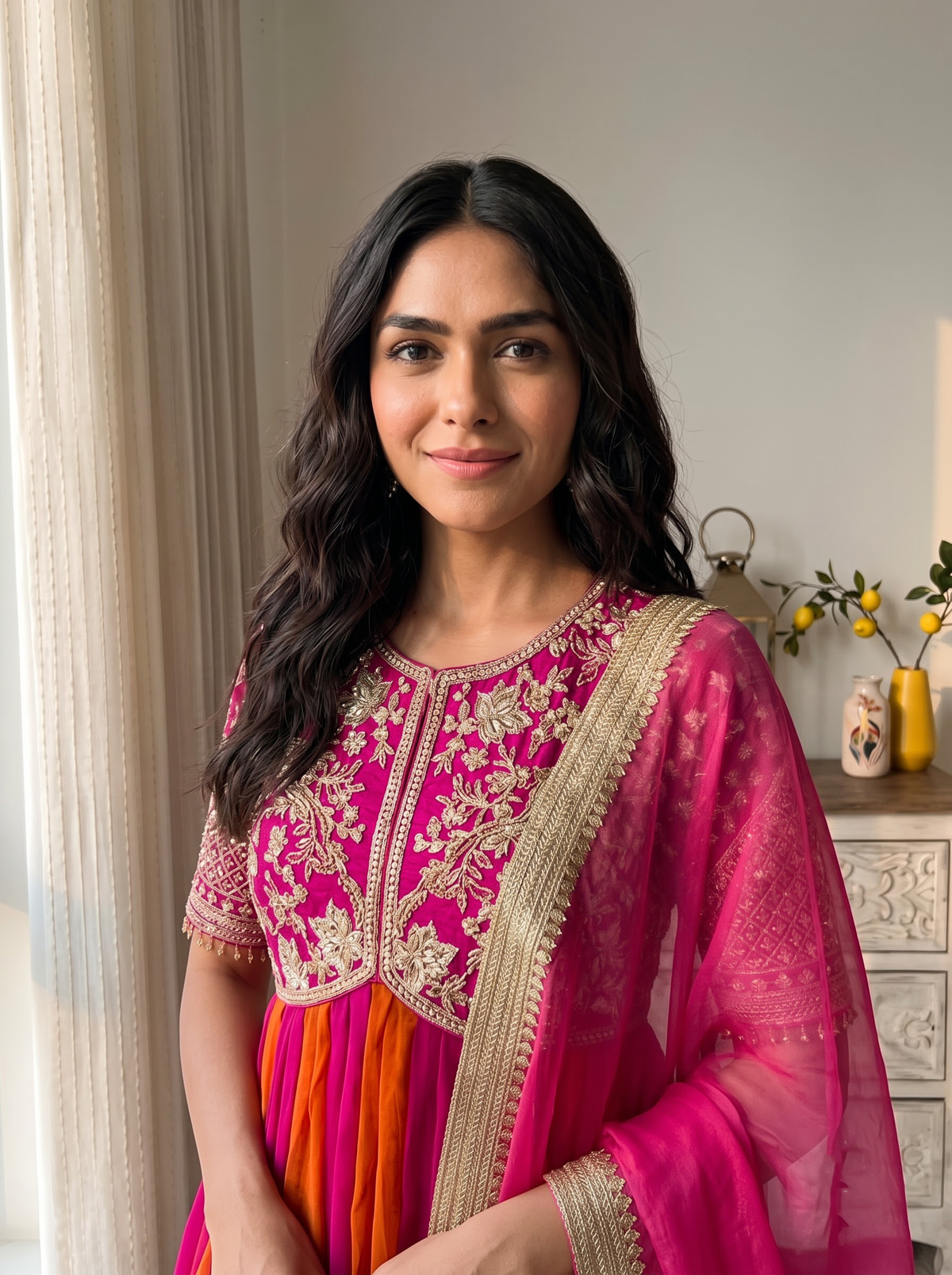 Rani Pink and Orange Moss Silk Anarkali Suit, view 3