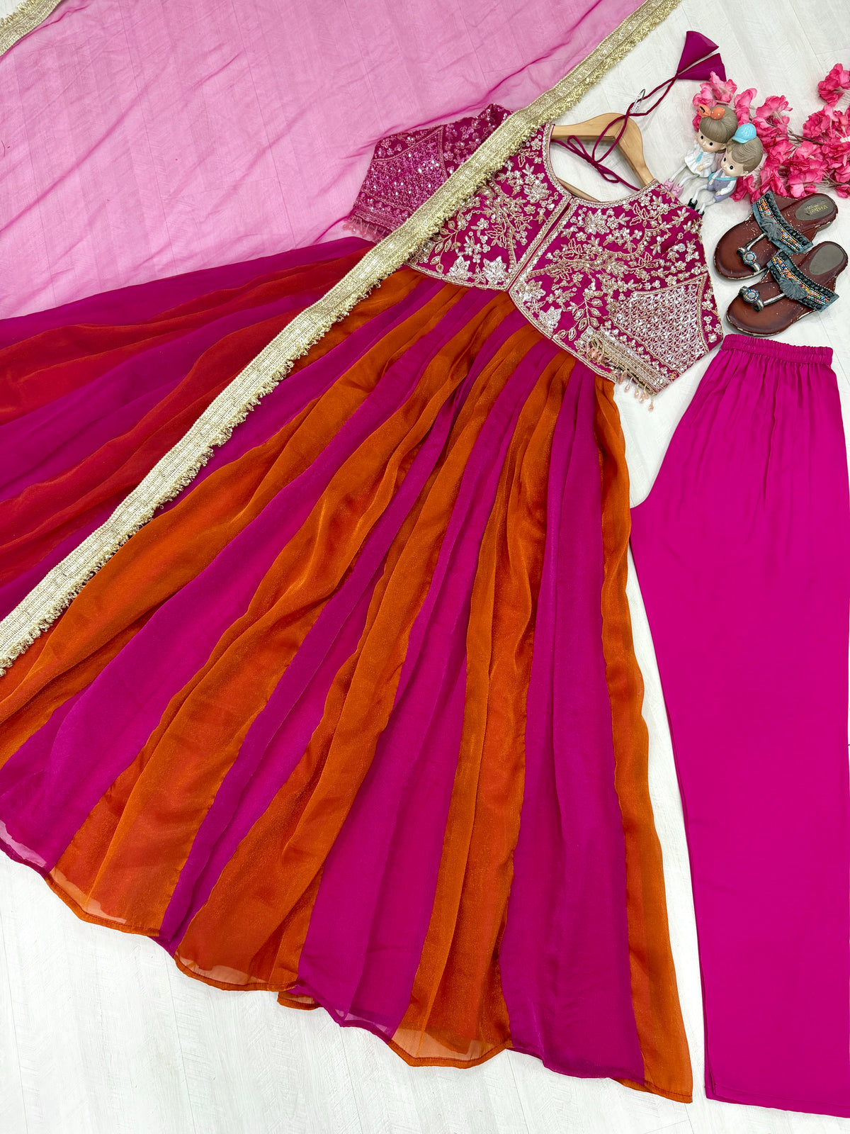 Rani Pink and Orange Moss Silk Anarkali Suit, view 4