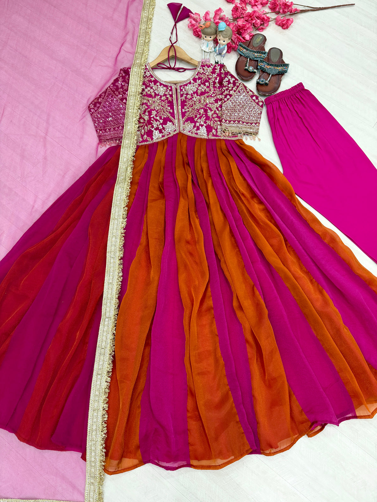 Rani Pink and Orange Moss Silk Anarkali Suit, view 5