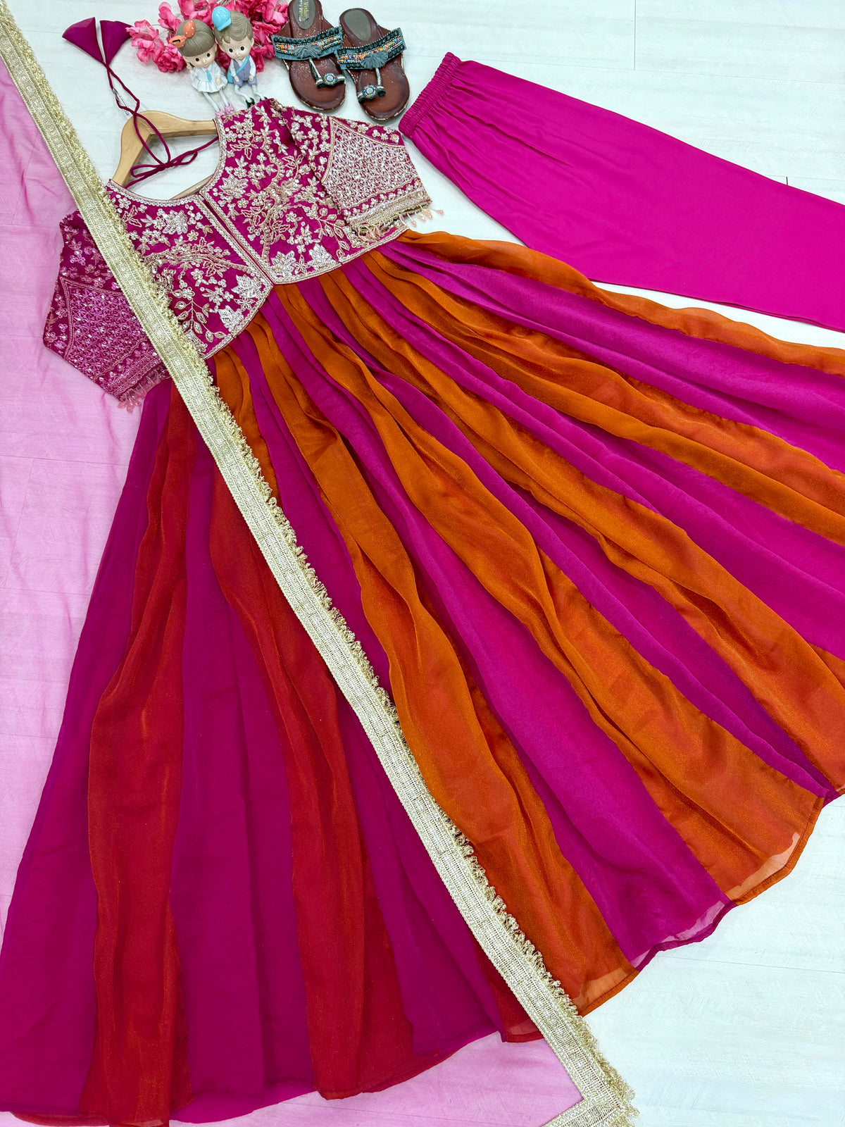 Rani Pink and Orange Moss Silk Anarkali Suit, view 6