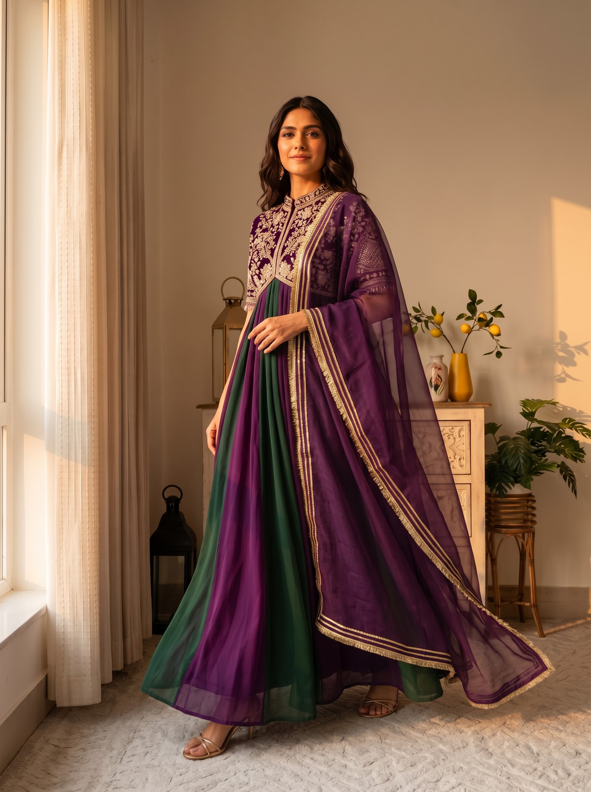 Purple and Green Moss Silk Anarkali Suit, view 2