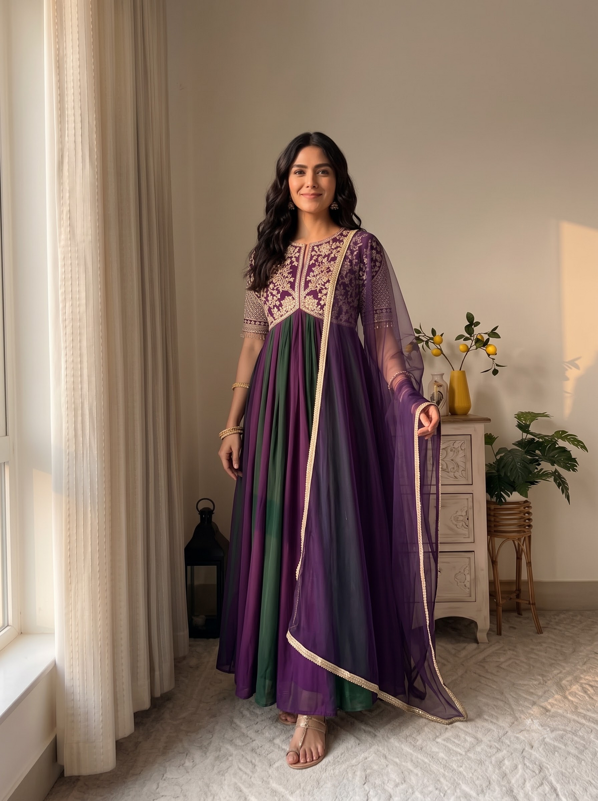 Purple and Green Moss Silk Anarkali Suit