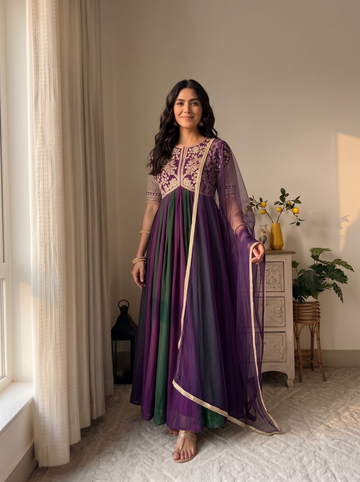 Purple and Green Moss Silk Anarkali Suit