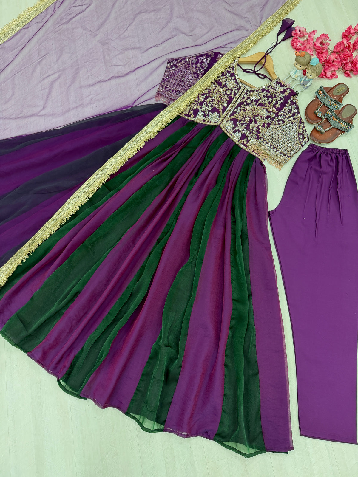 Purple and Green Moss Silk Anarkali Suit, view 4