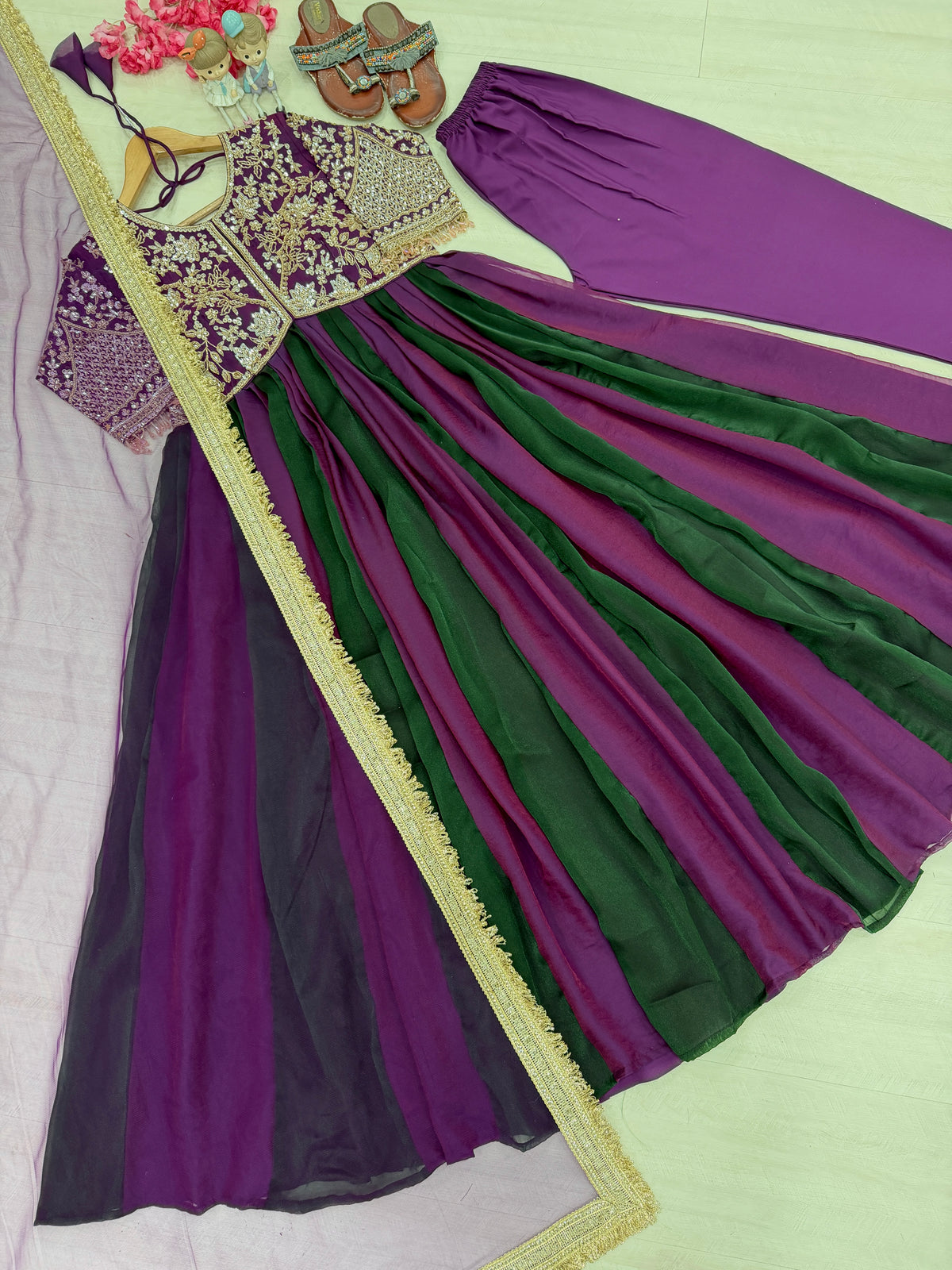 Purple and Green Moss Silk Anarkali Suit, view 5