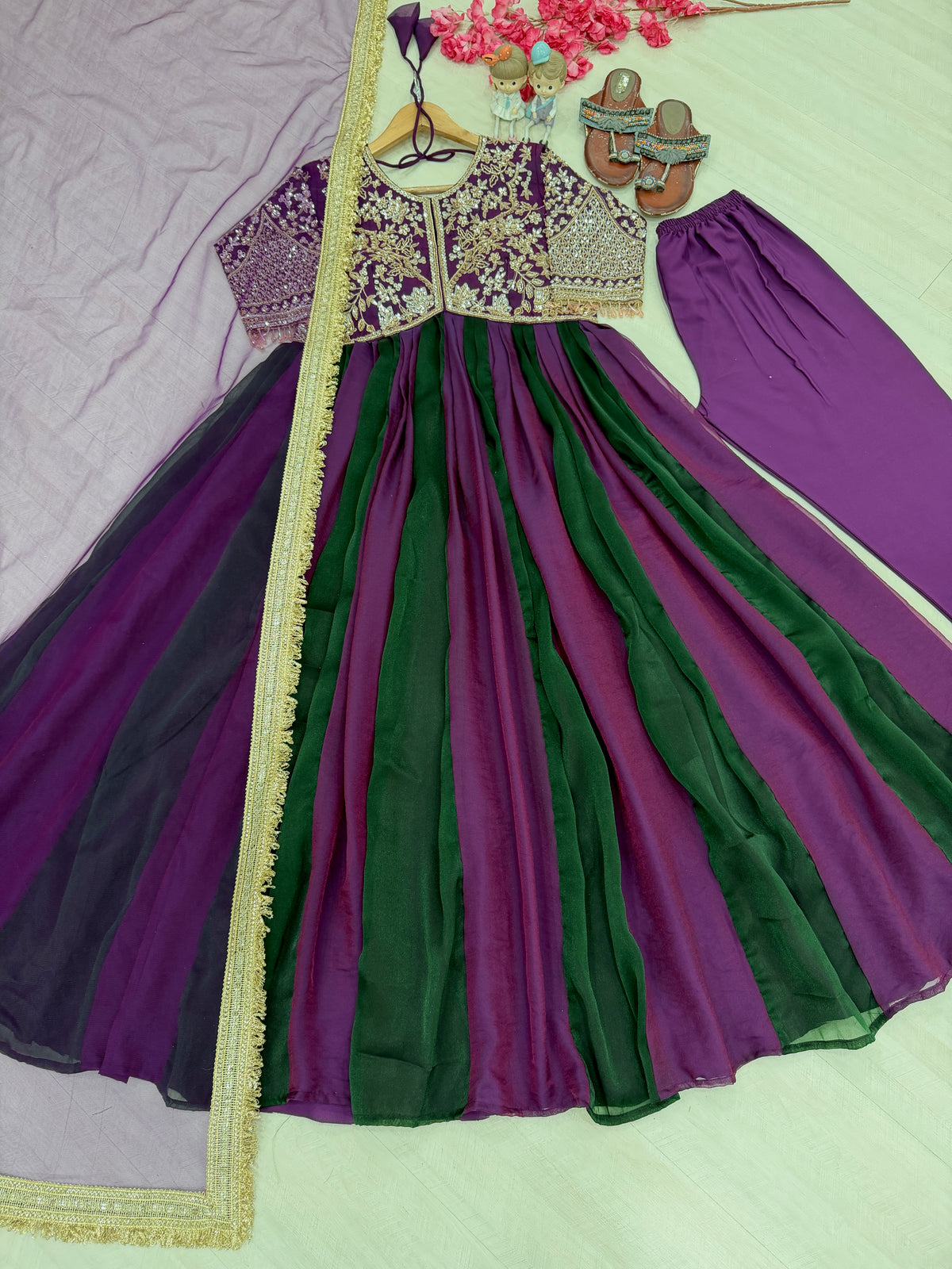 Purple and Green Moss Silk Anarkali Suit, view 6