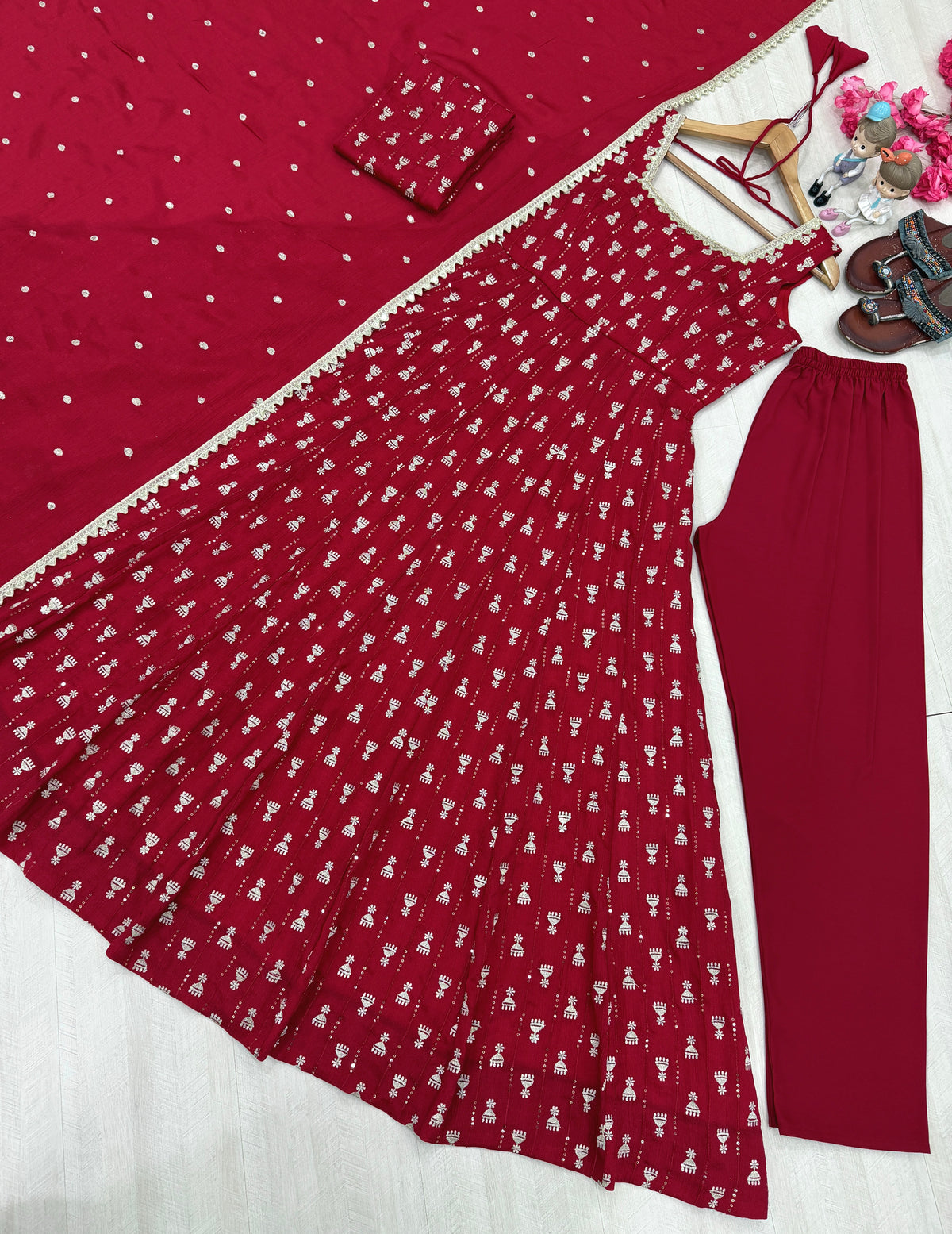 Maroon Chinon Anarkali Suit, view 6