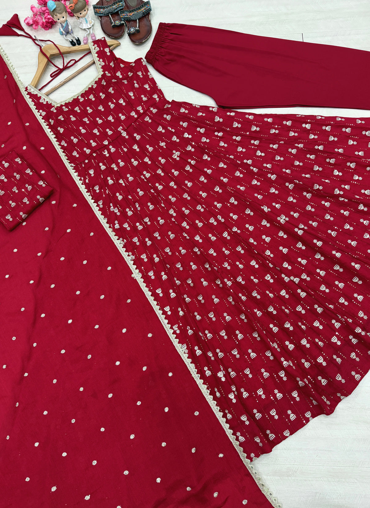 Maroon Chinon Anarkali Suit, view 7