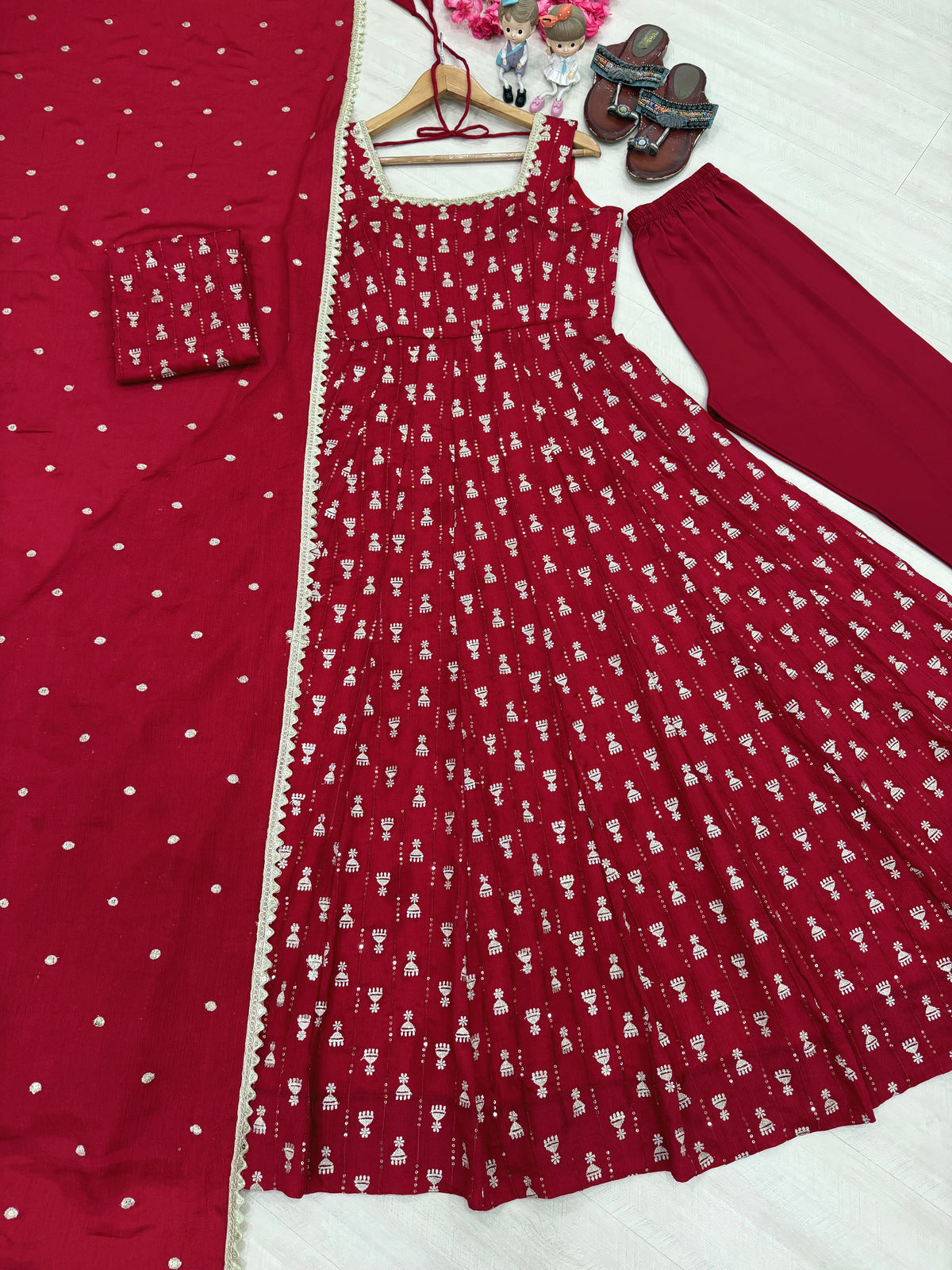Maroon Chinon Anarkali Suit, view 8