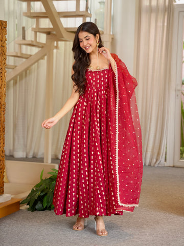 Maroon Chinon Anarkali Suit