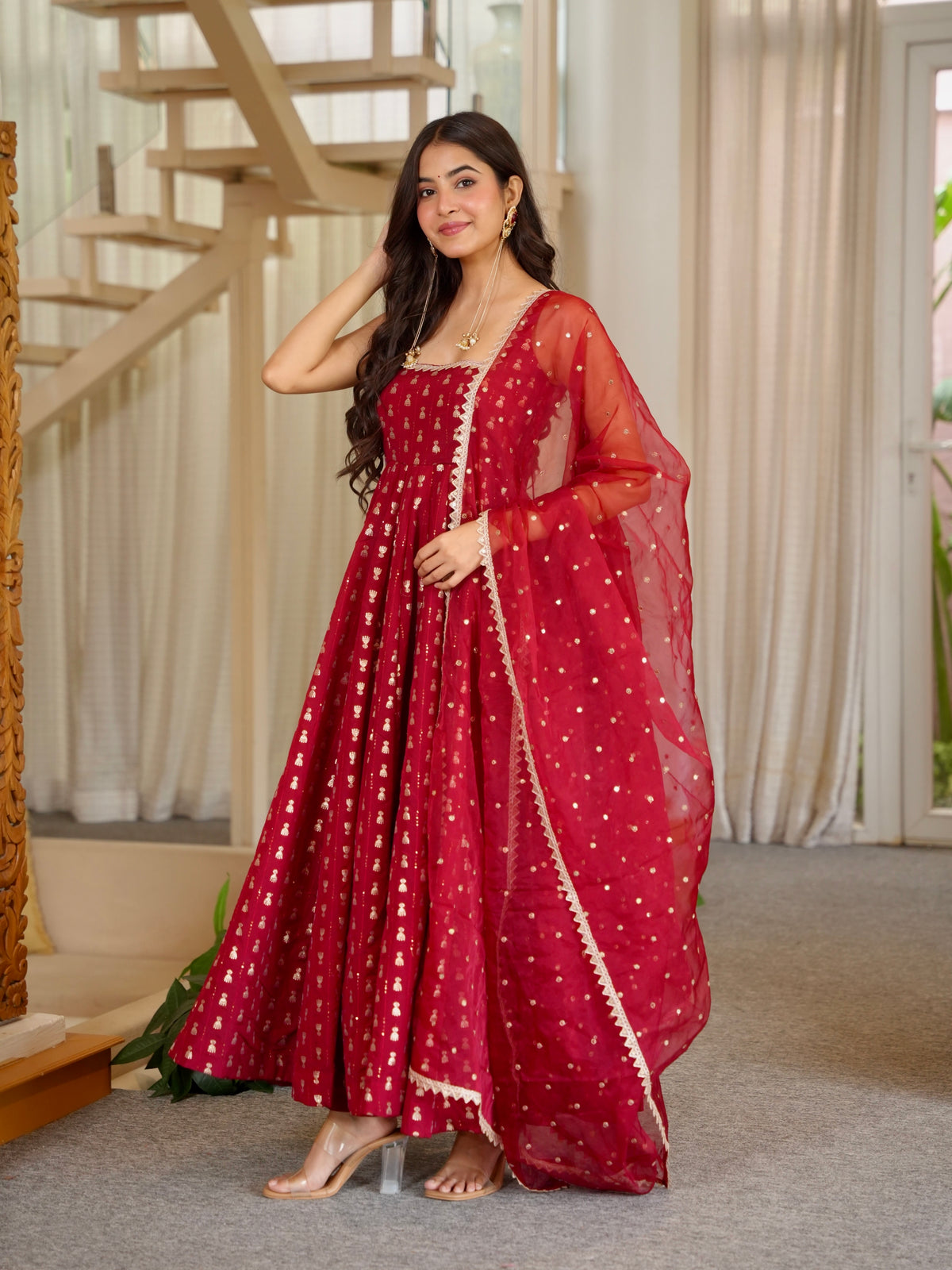 Maroon Chinon Anarkali Suit, view 2