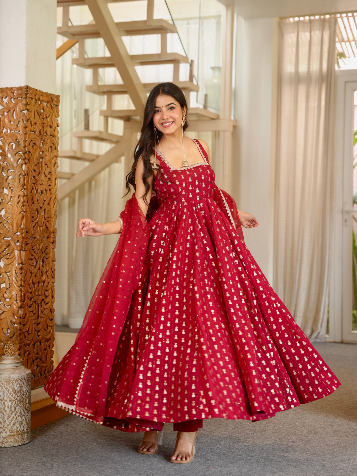 Maroon Chinon Anarkali Suit, view 3