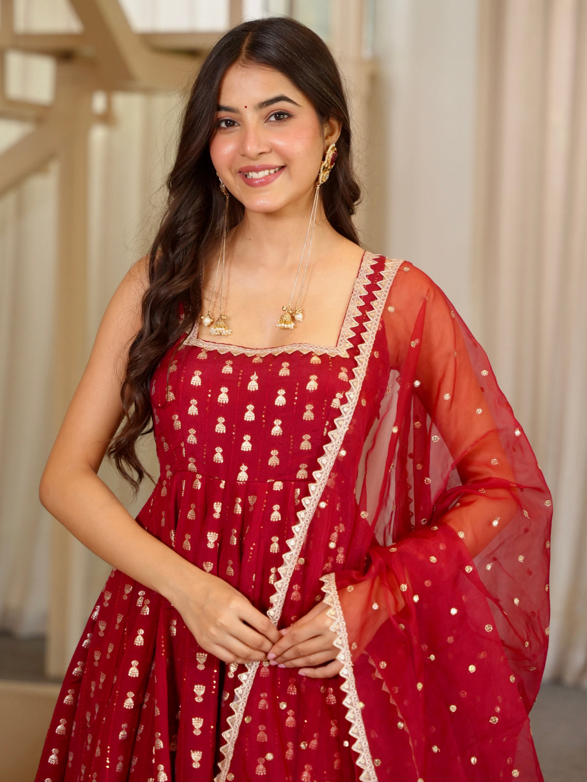 Maroon Chinon Anarkali Suit, view 4