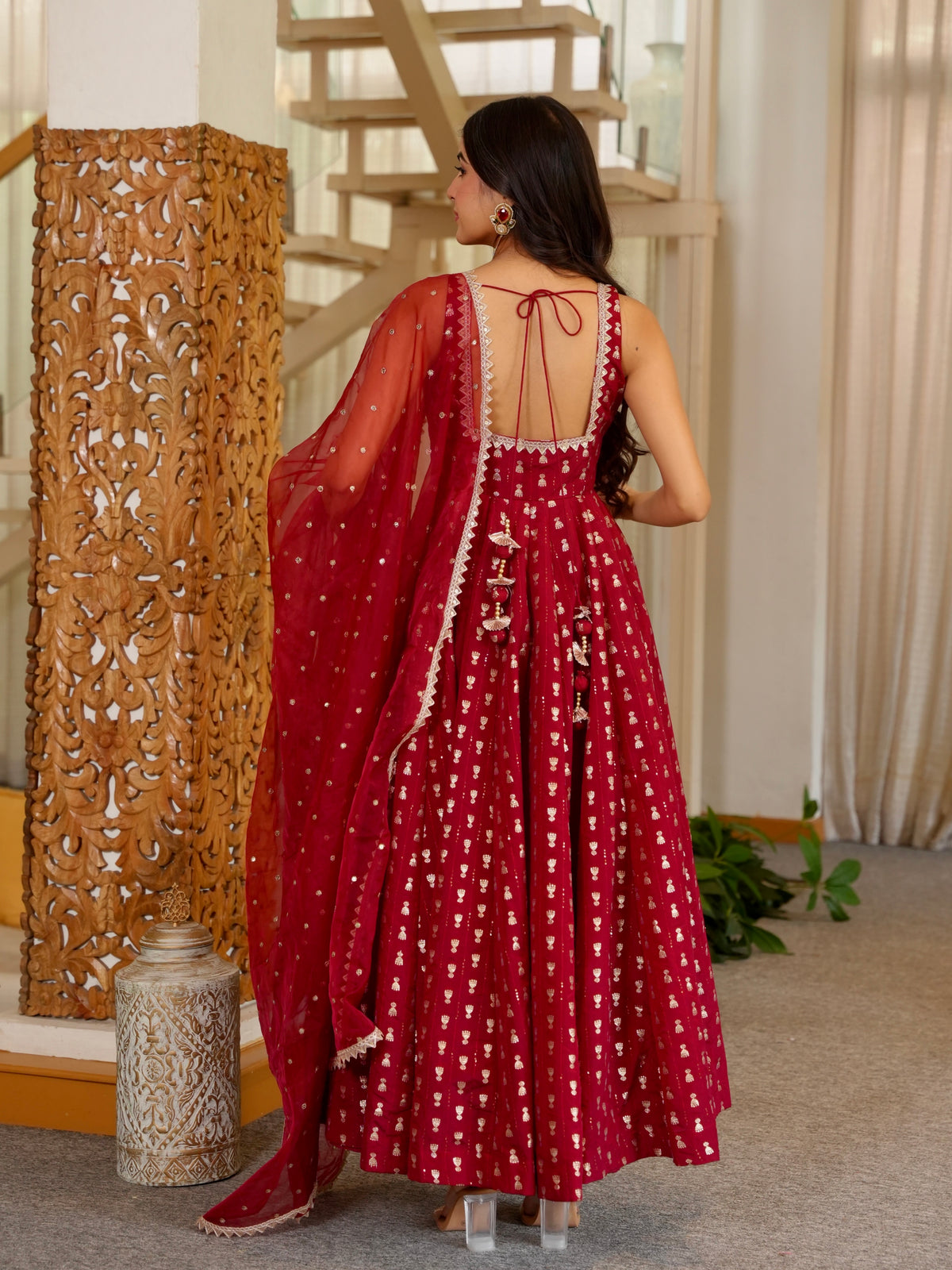 Maroon Chinon Anarkali Suit, view 5