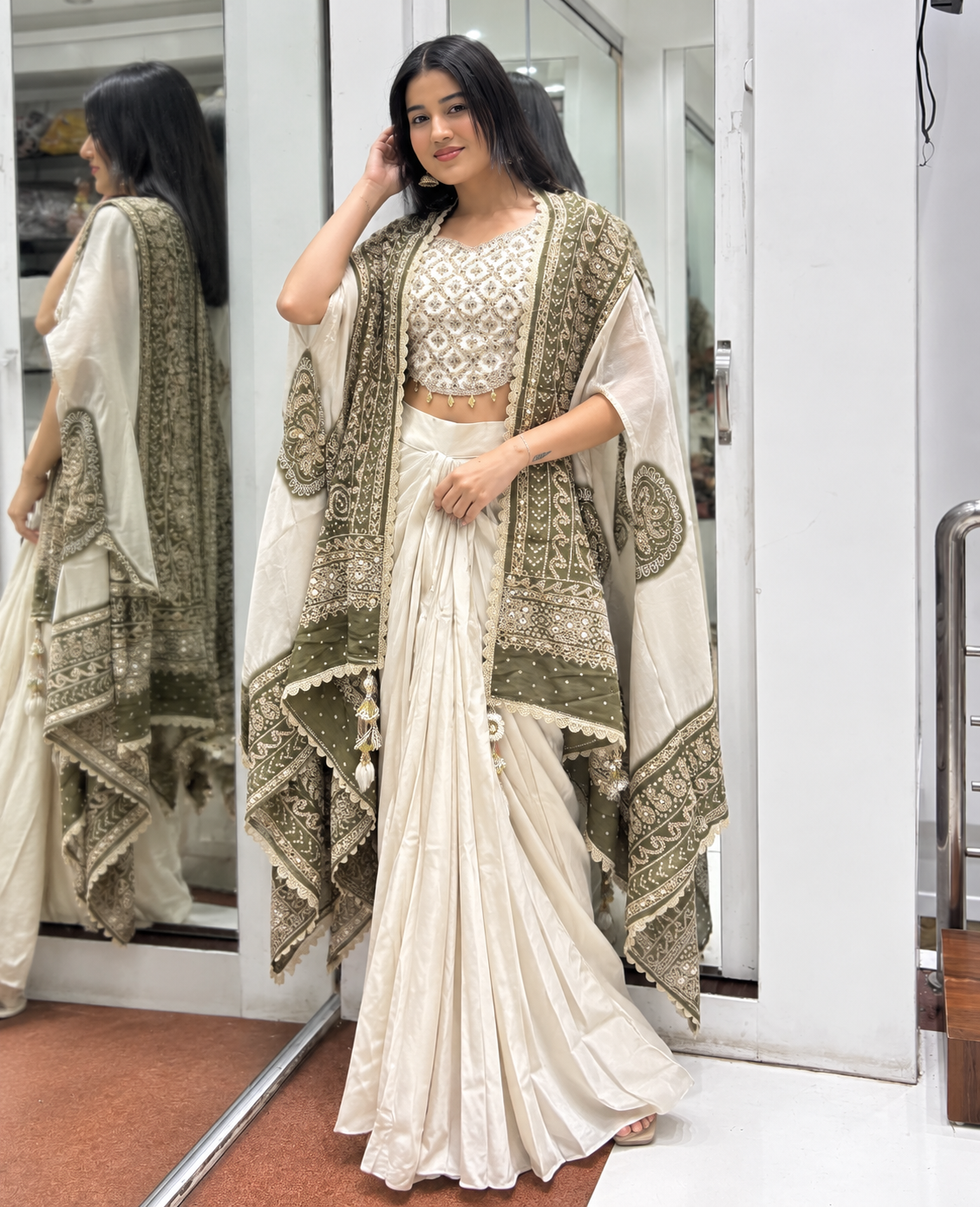 Off-White Chinon Dhoti Set with Bandhani Dupatta