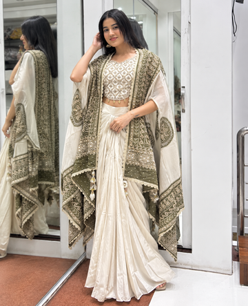 Off-White Chinon Dhoti Set with Bandhani Dupatta