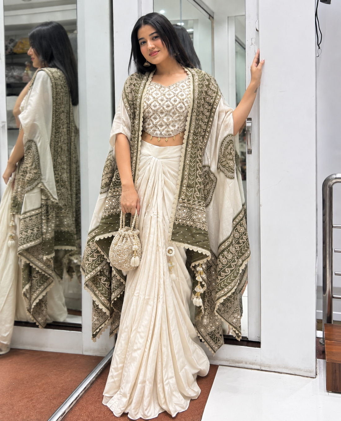 Off-White Chinon Dhoti Set with Bandhani Dupatta