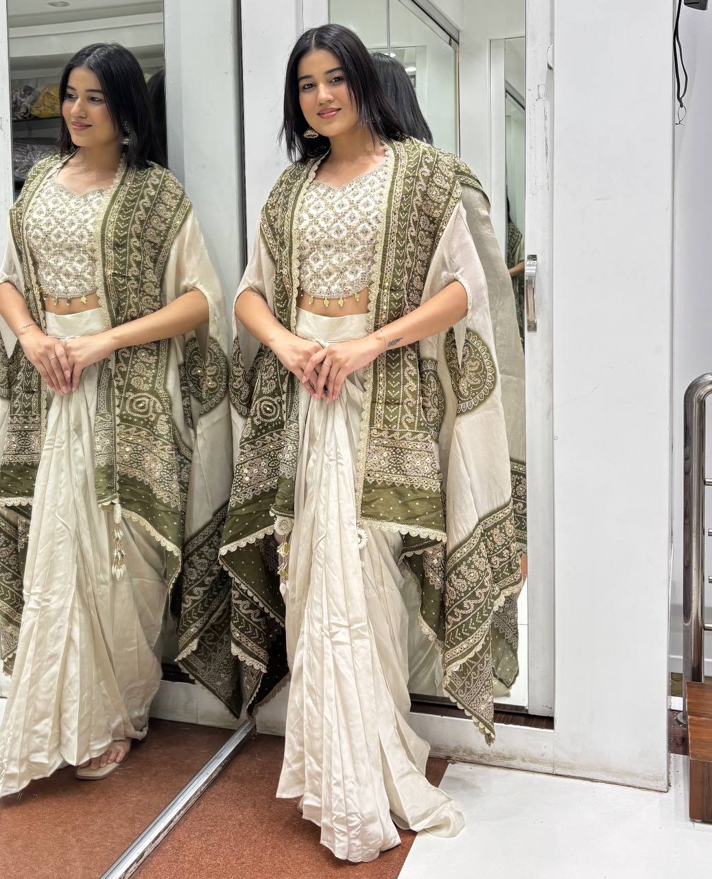 Off-White Chinon Dhoti Set with Bandhani Dupatta, view 3