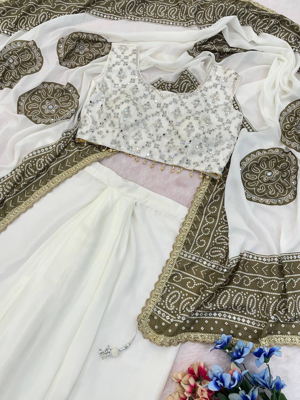 Off-White Chinon Dhoti Set with Bandhani Dupatta, view 4