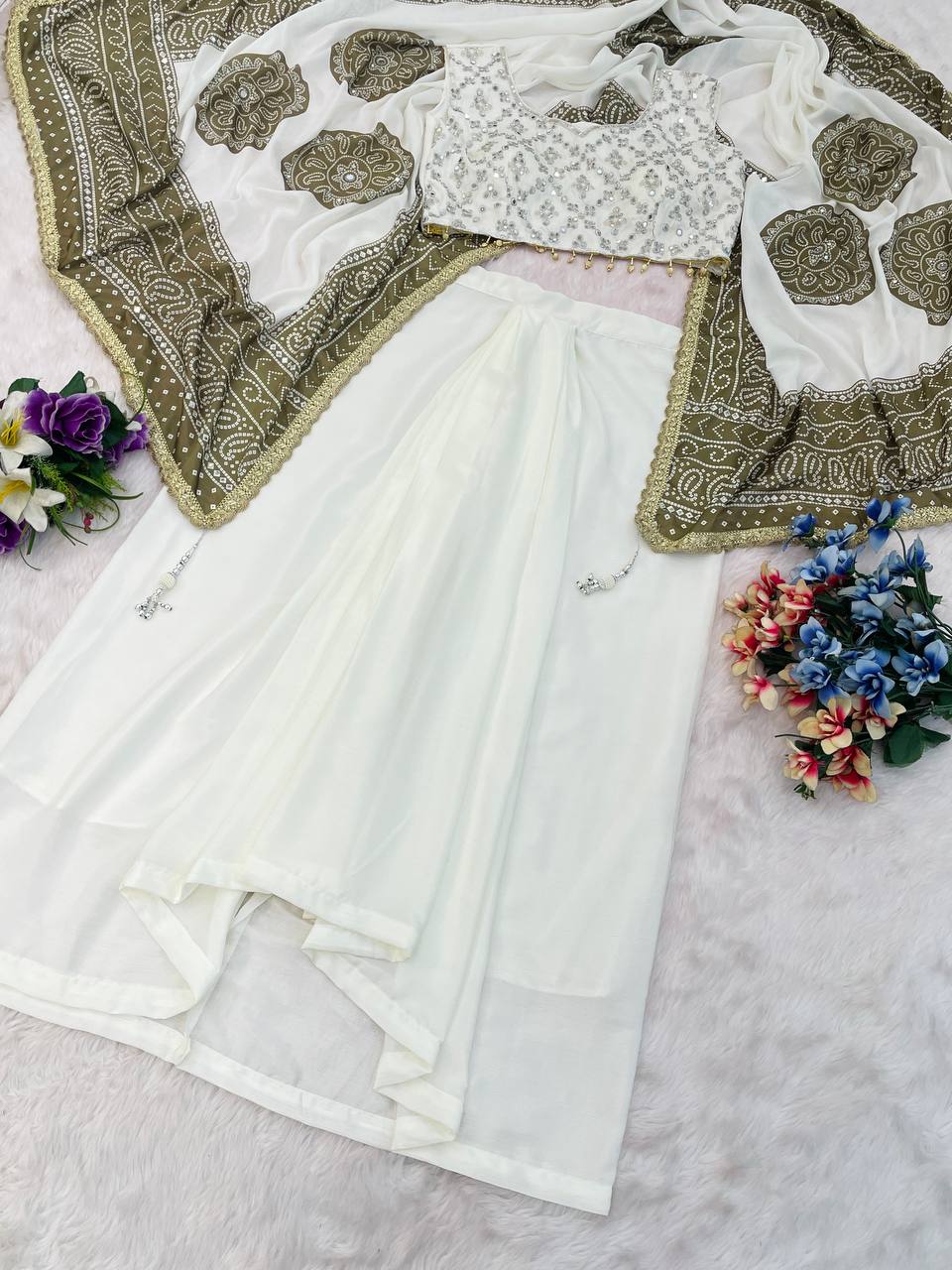 Off-White Chinon Dhoti Set with Bandhani Dupatta, view 5