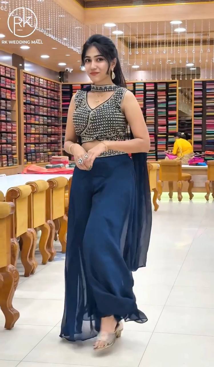 Navy Blue Teby Silk Palazzo Set with Dupatta