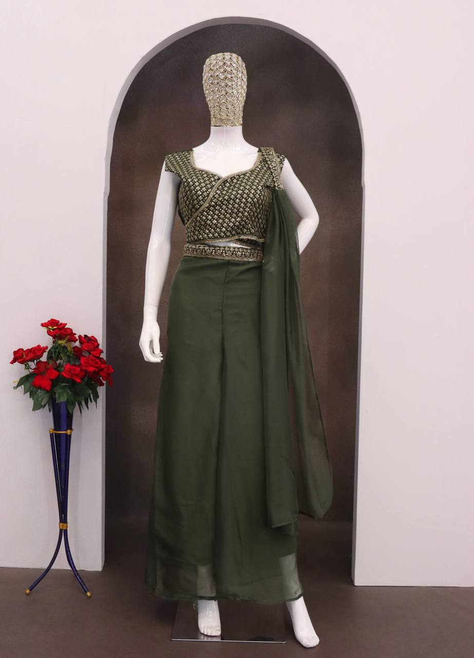Olive Green Teby Silk Palazzo Set with Dupatta