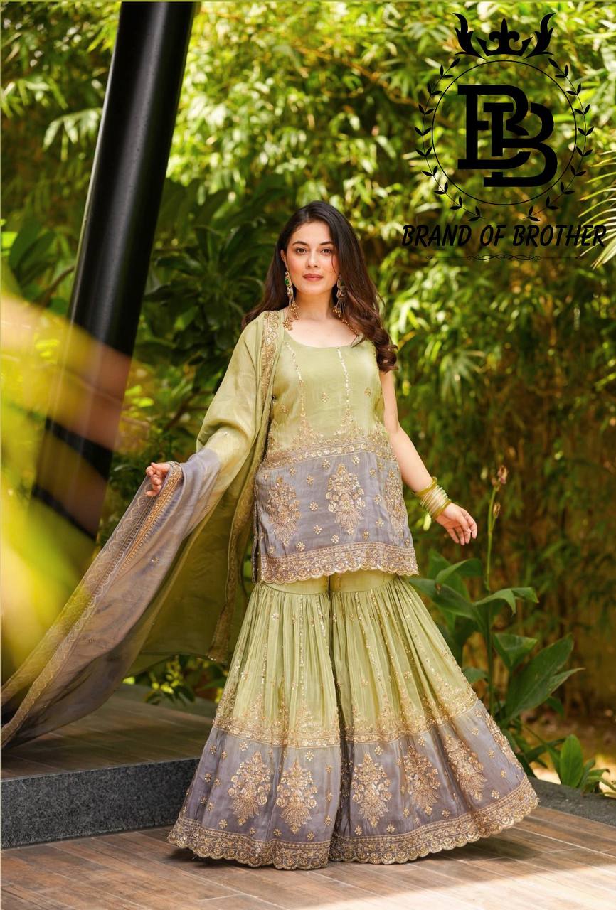 Pista Green Shaded Chinon Sharara Set